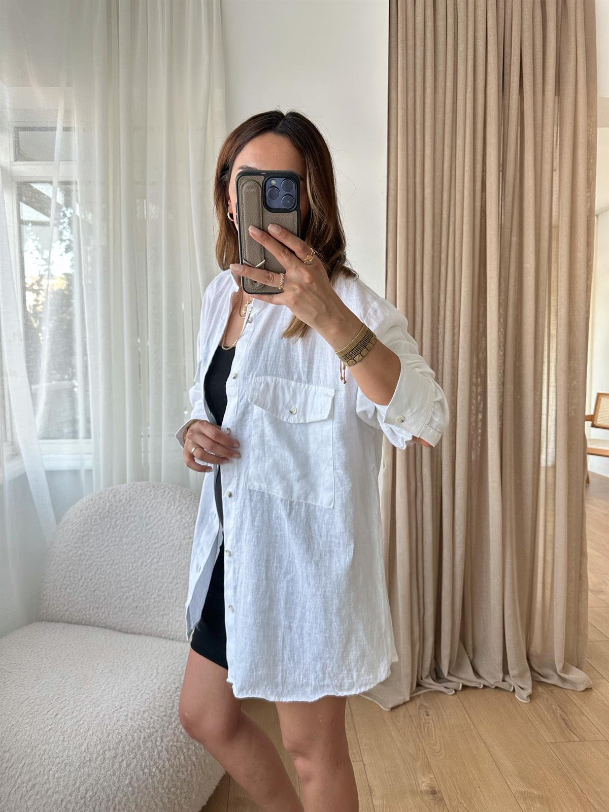 BEYAZ HAM KETEN OVERSIZE GÖMLEK