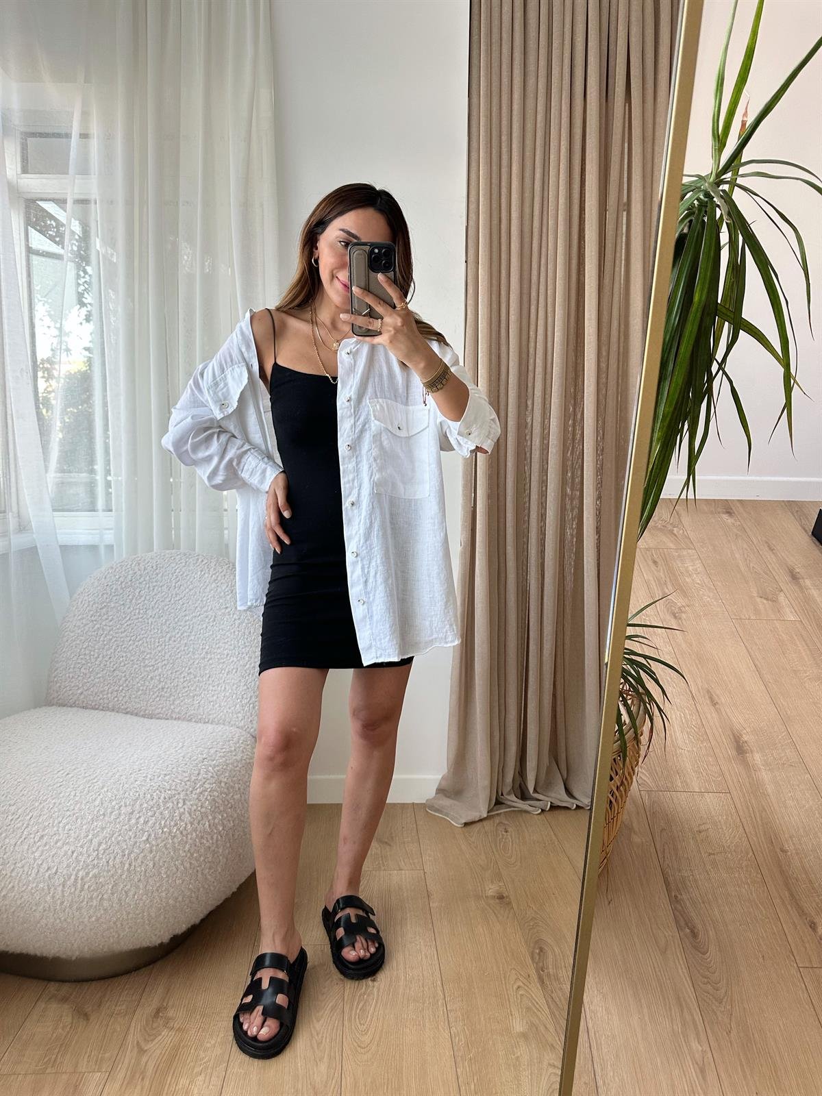 BEYAZ HAM KETEN OVERSIZE GÖMLEK