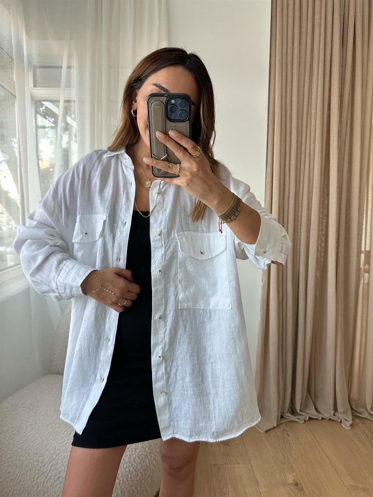 BEYAZ HAM KETEN OVERSIZE GÖMLEK