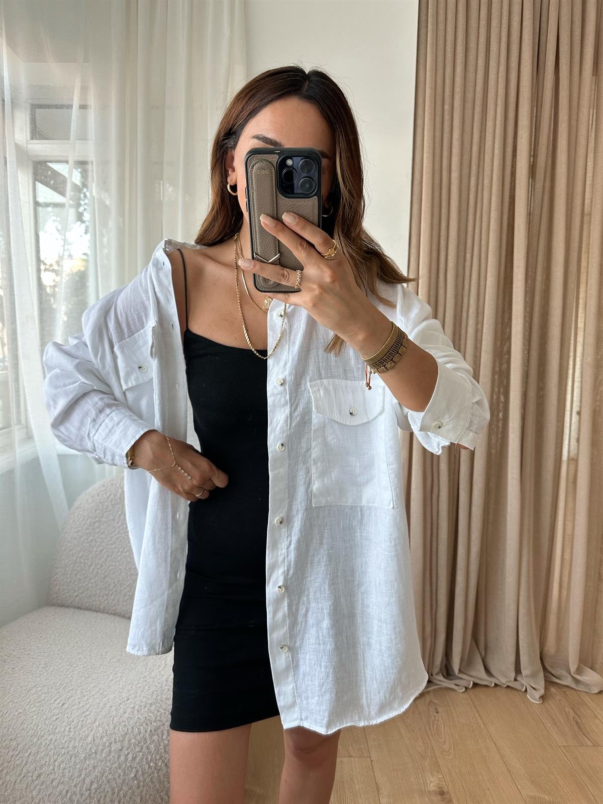 BEYAZ HAM KETEN OVERSIZE GÖMLEK
