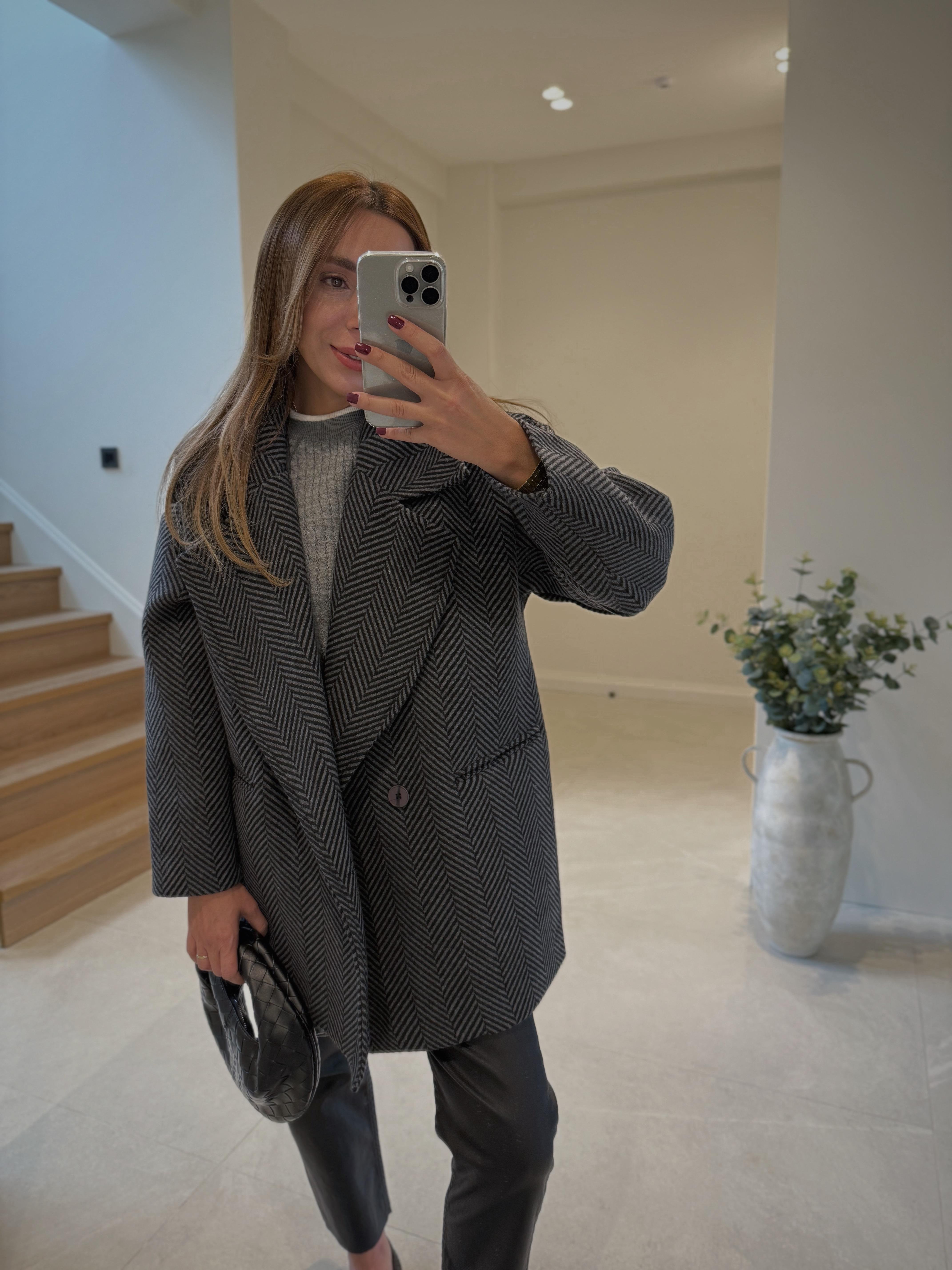 Bloom Balıksırtı Antrasit Oversize Kaban