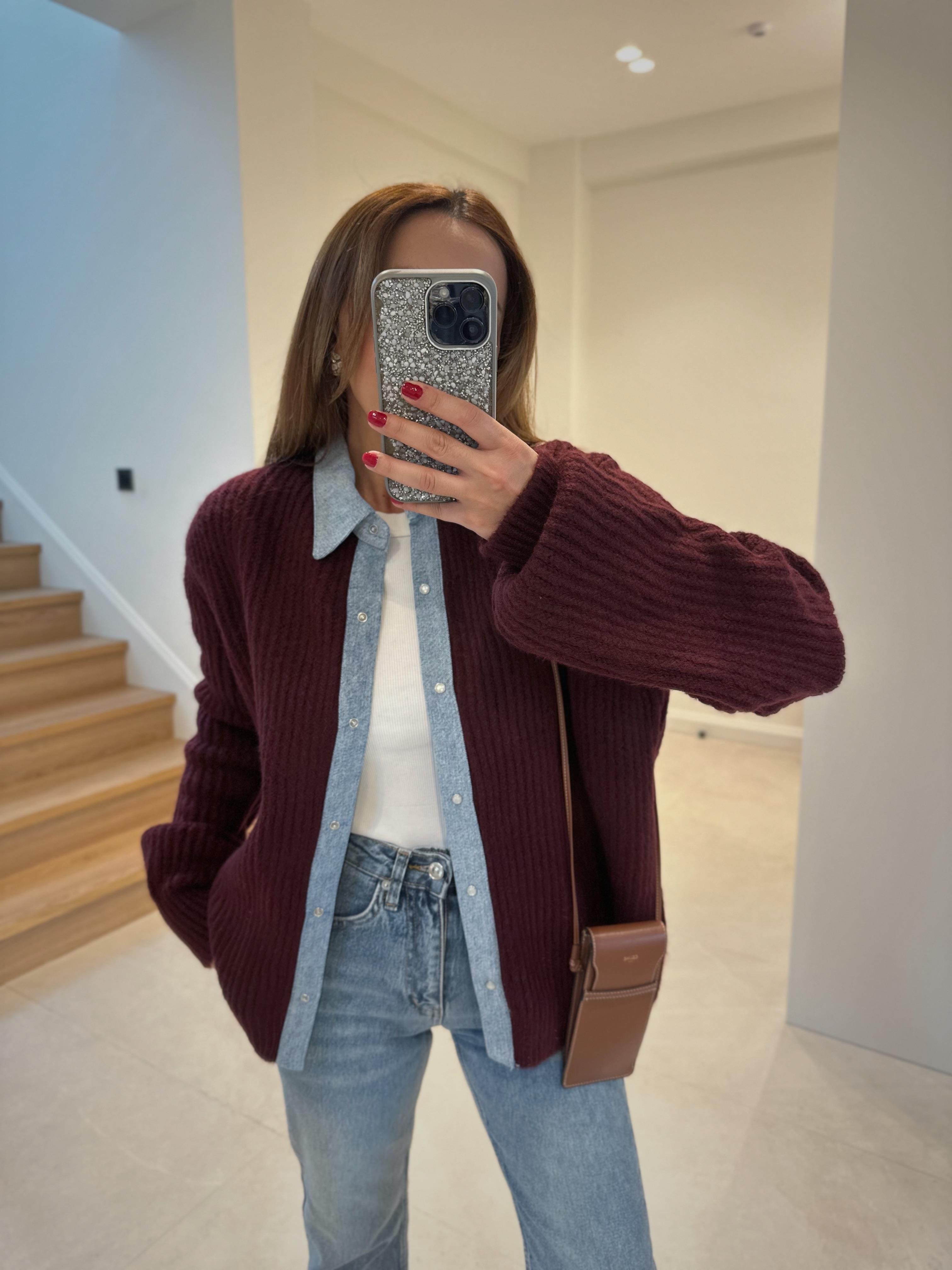 Bordo Jean Detaylı Kalın Hırka