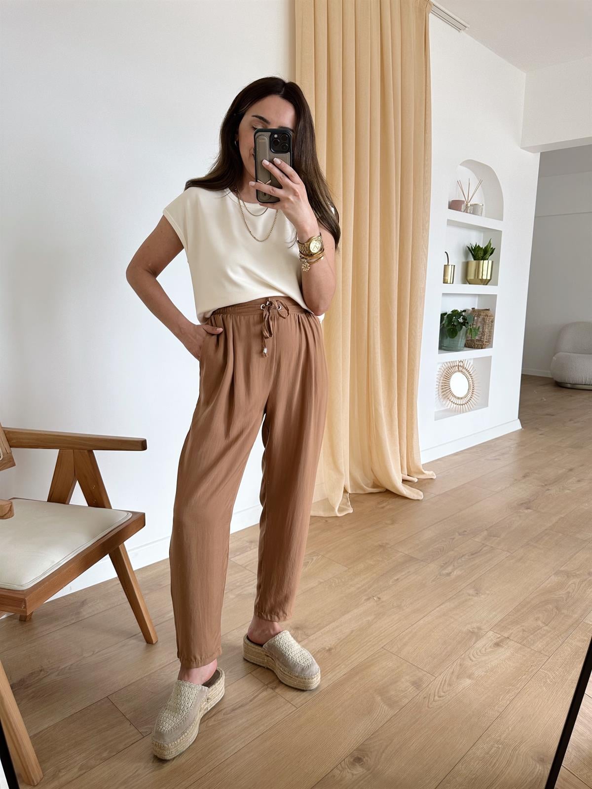 CAMEL BELİ LASTİKLİ TENSEL PANTOLON