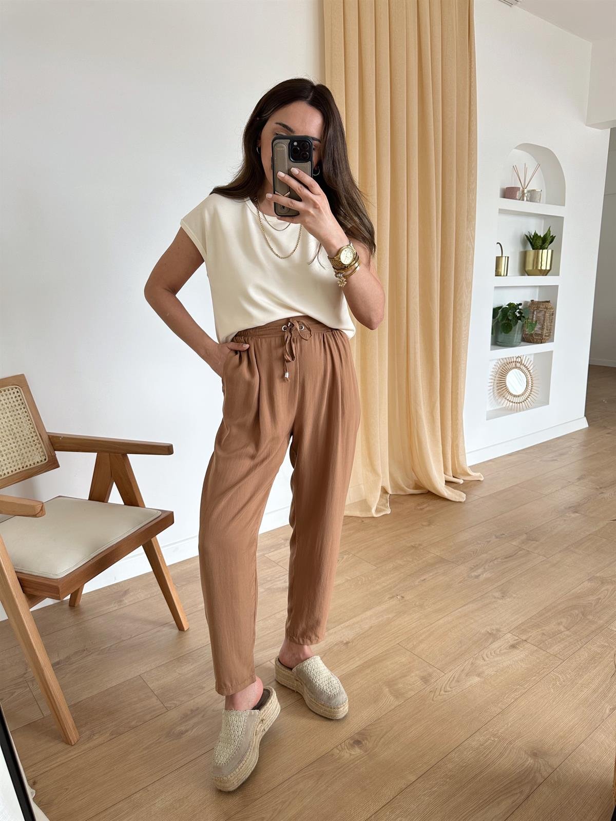 CAMEL BELİ LASTİKLİ TENSEL PANTOLON