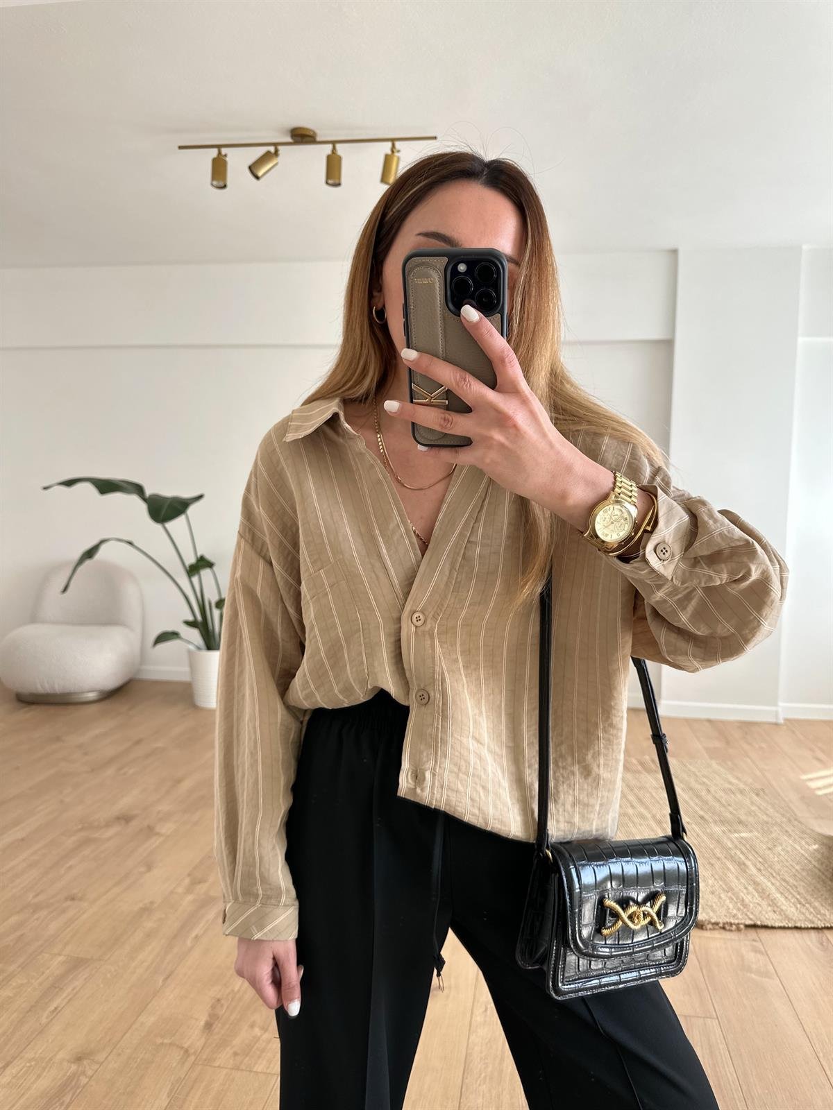 CAMEL ÇİZGİLİ TENSEL OVERSIZE GÖMLEK