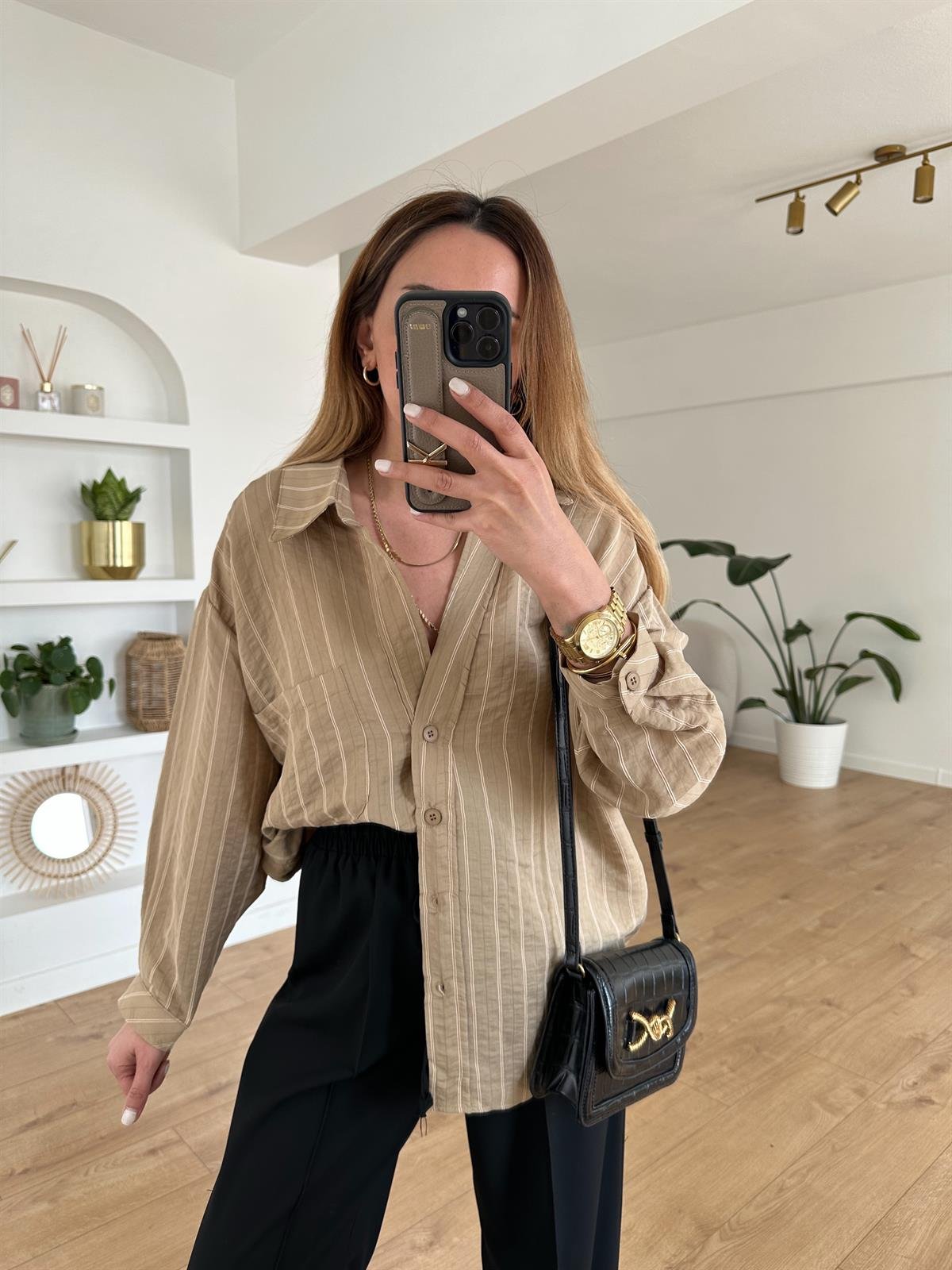 CAMEL ÇİZGİLİ TENSEL OVERSIZE GÖMLEK