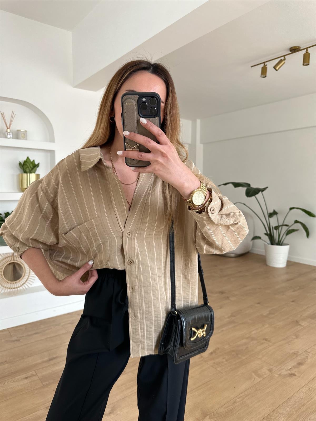 CAMEL ÇİZGİLİ TENSEL OVERSIZE GÖMLEK