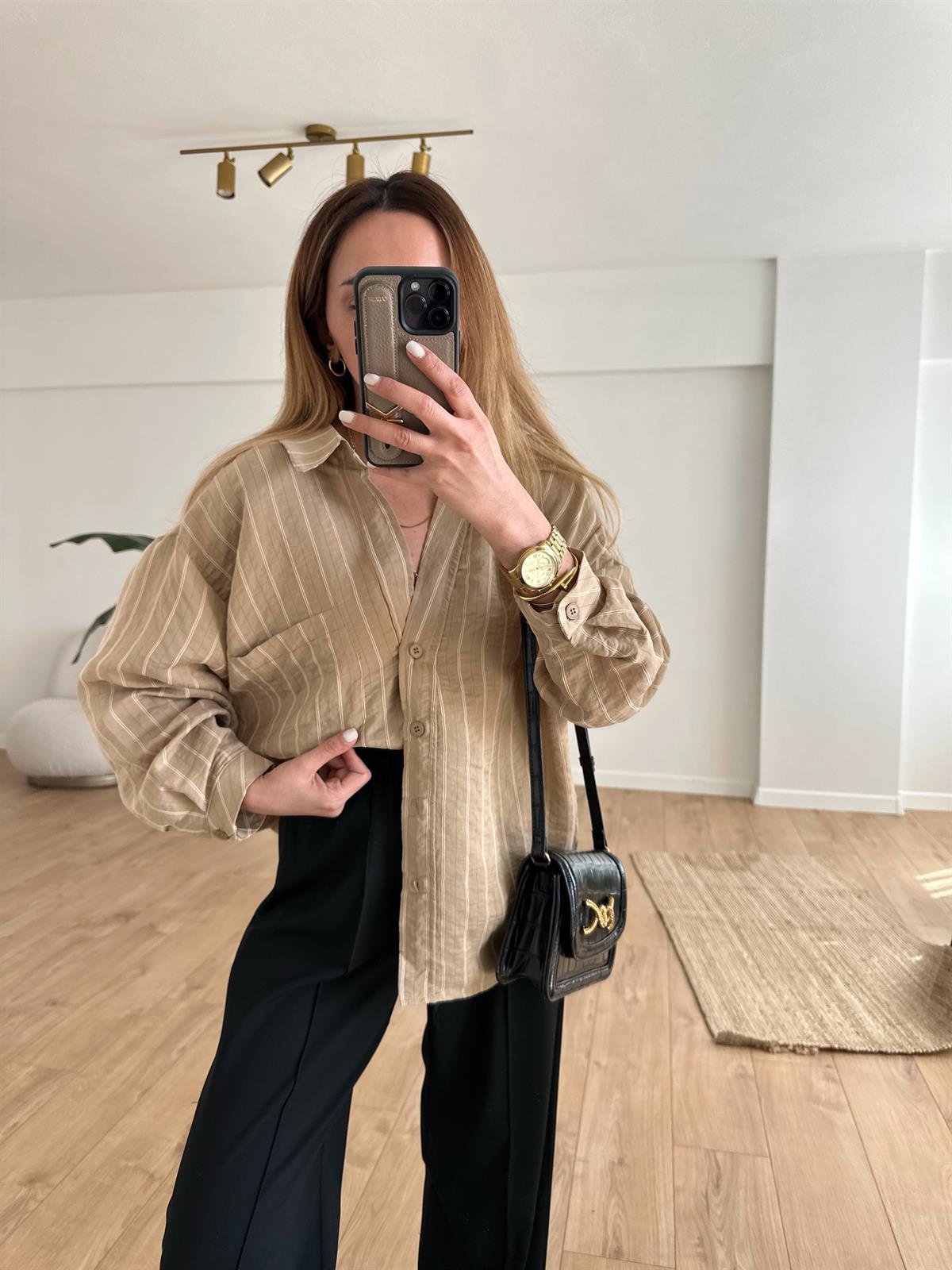 CAMEL ÇİZGİLİ TENSEL OVERSIZE GÖMLEK