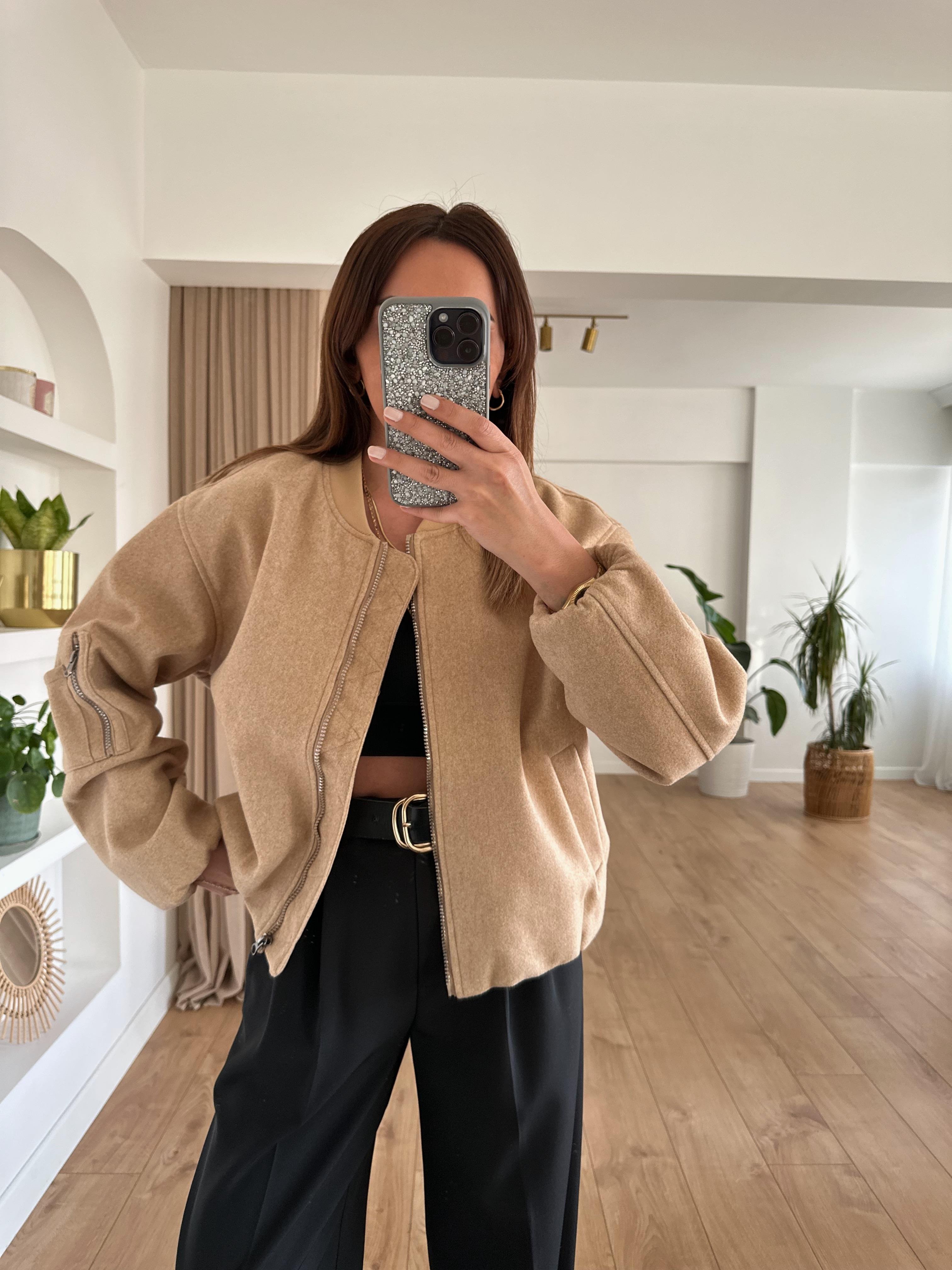 CAMEL KOLU CEPLİ KAŞE BOMBER CEKET