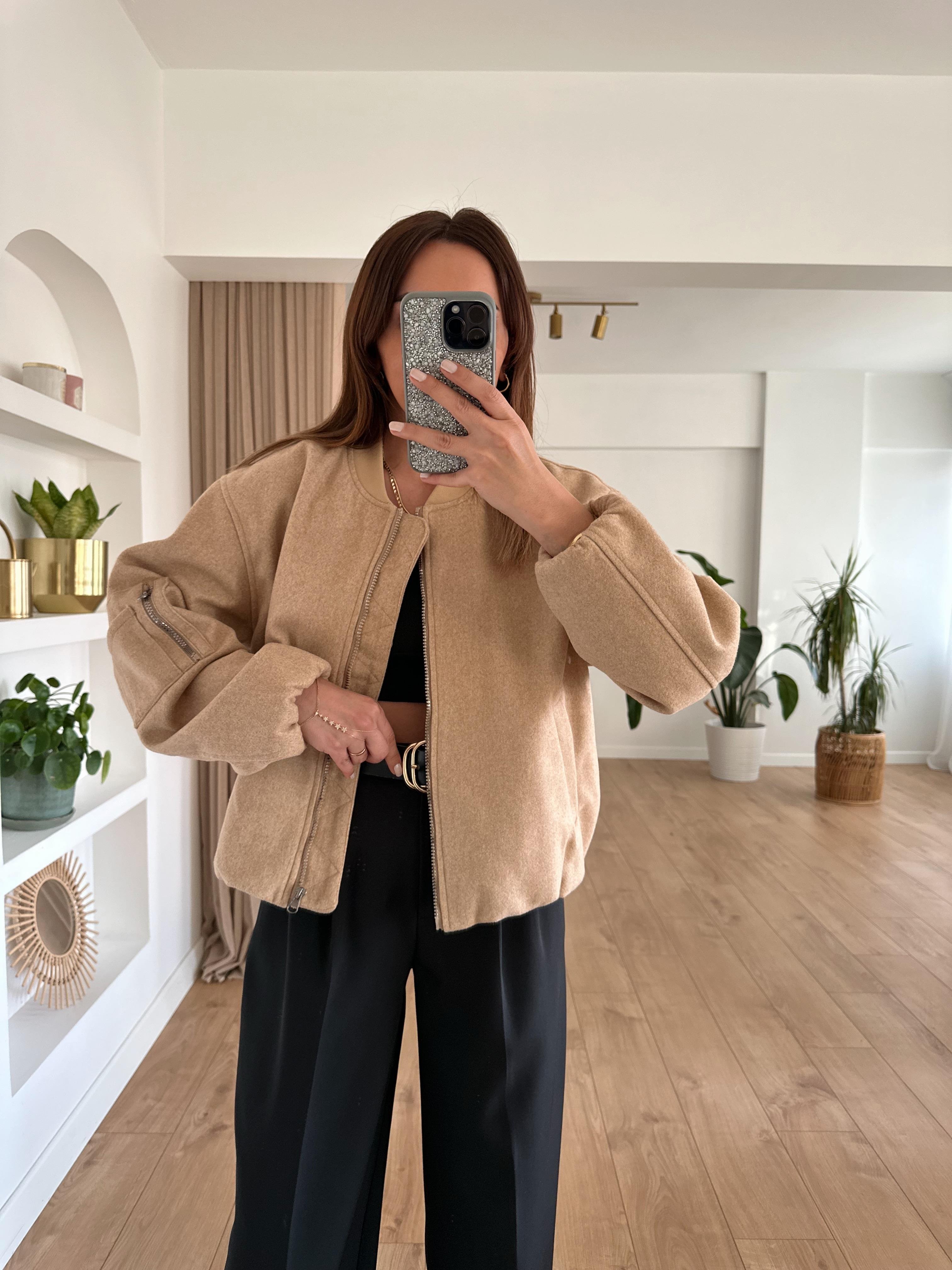CAMEL KOLU CEPLİ KAŞE BOMBER CEKET