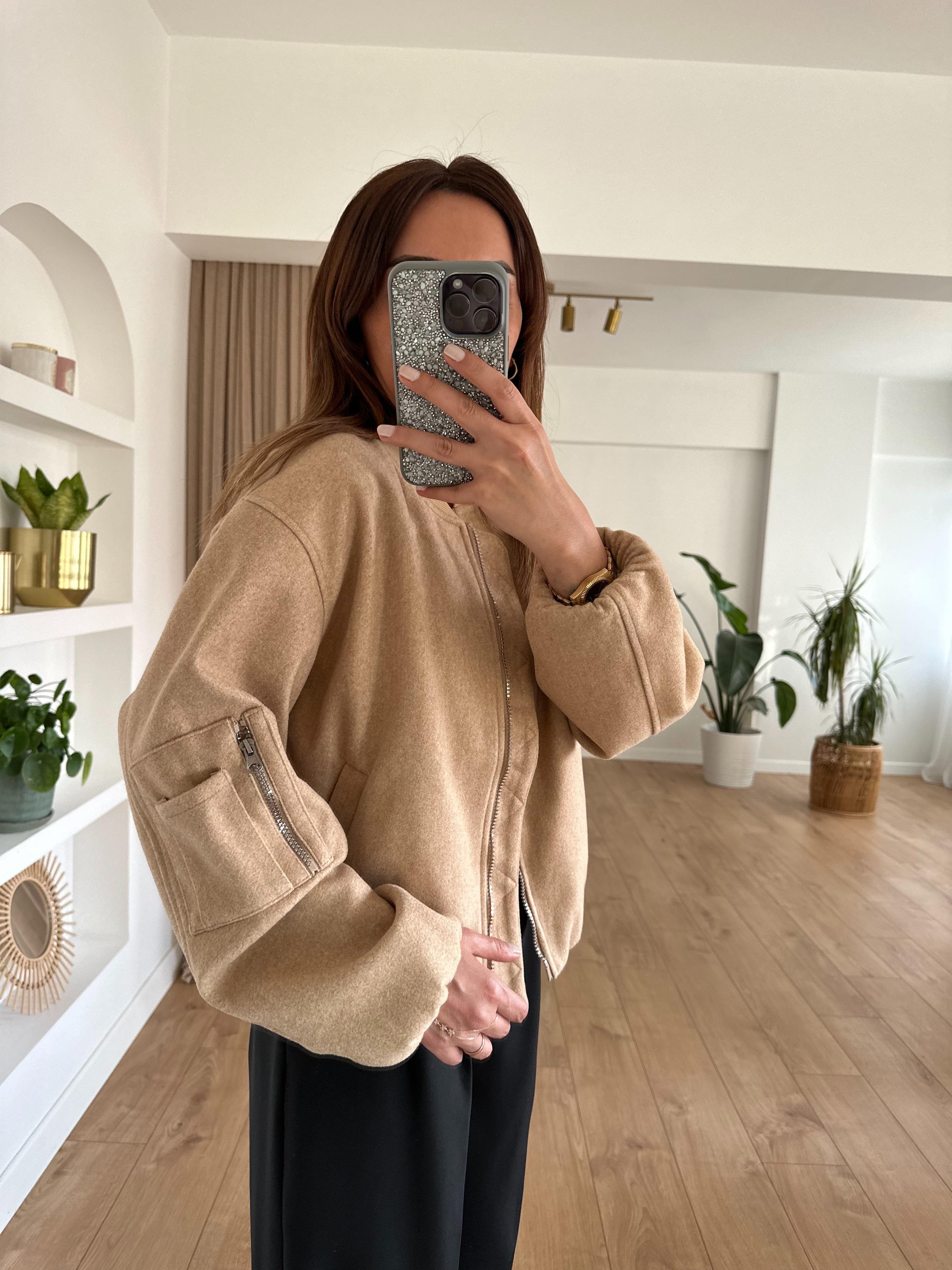 CAMEL KOLU CEPLİ KAŞE BOMBER CEKET