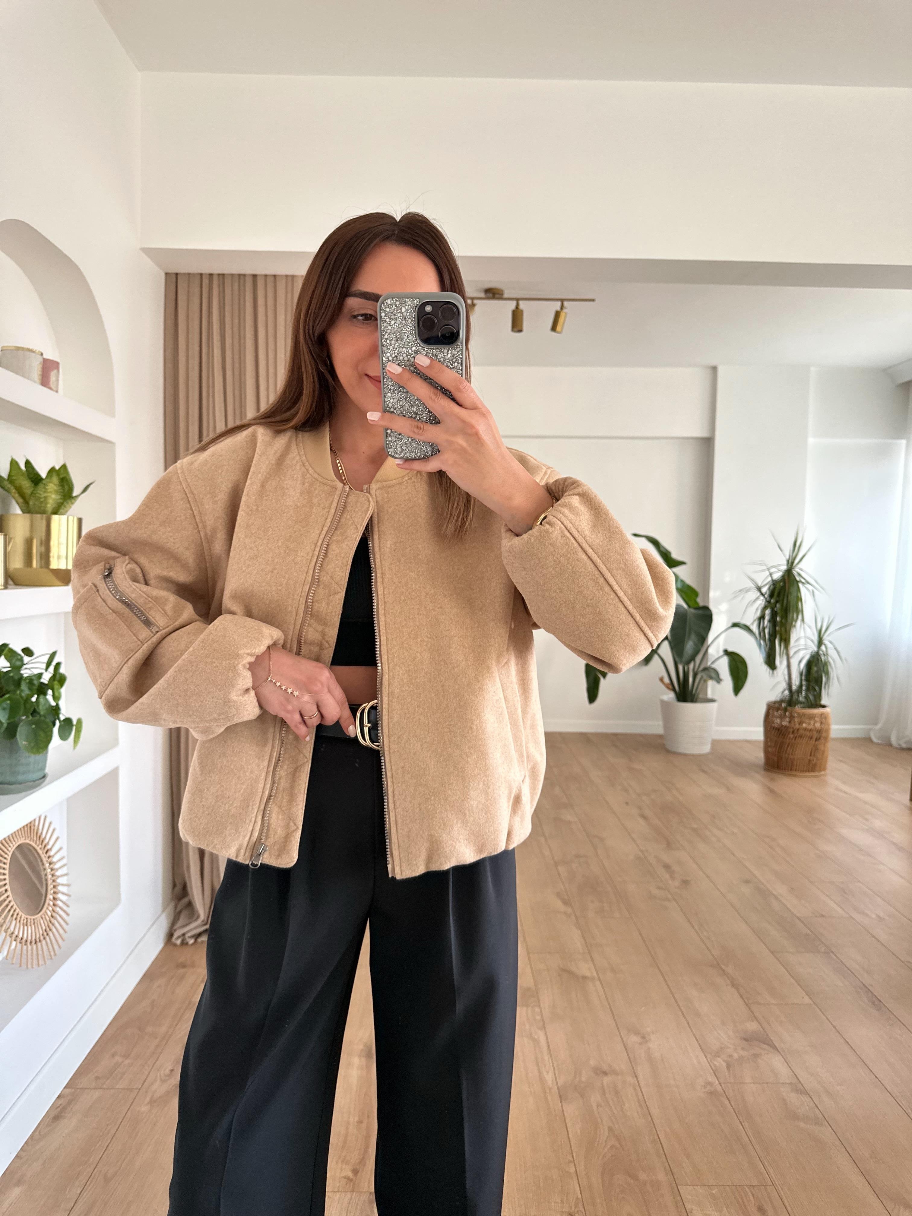 CAMEL KOLU CEPLİ KAŞE BOMBER CEKET