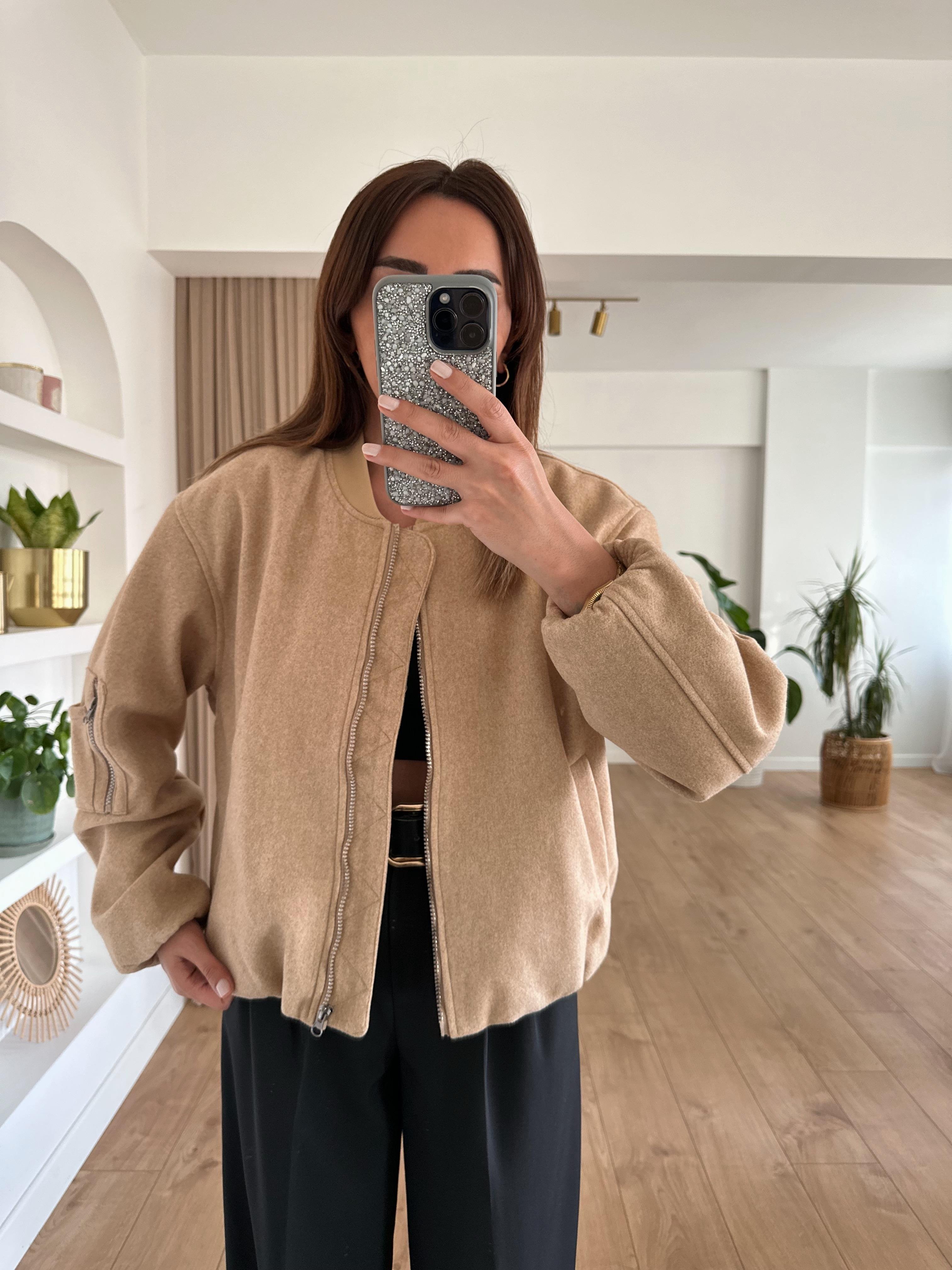 CAMEL KOLU CEPLİ KAŞE BOMBER CEKET