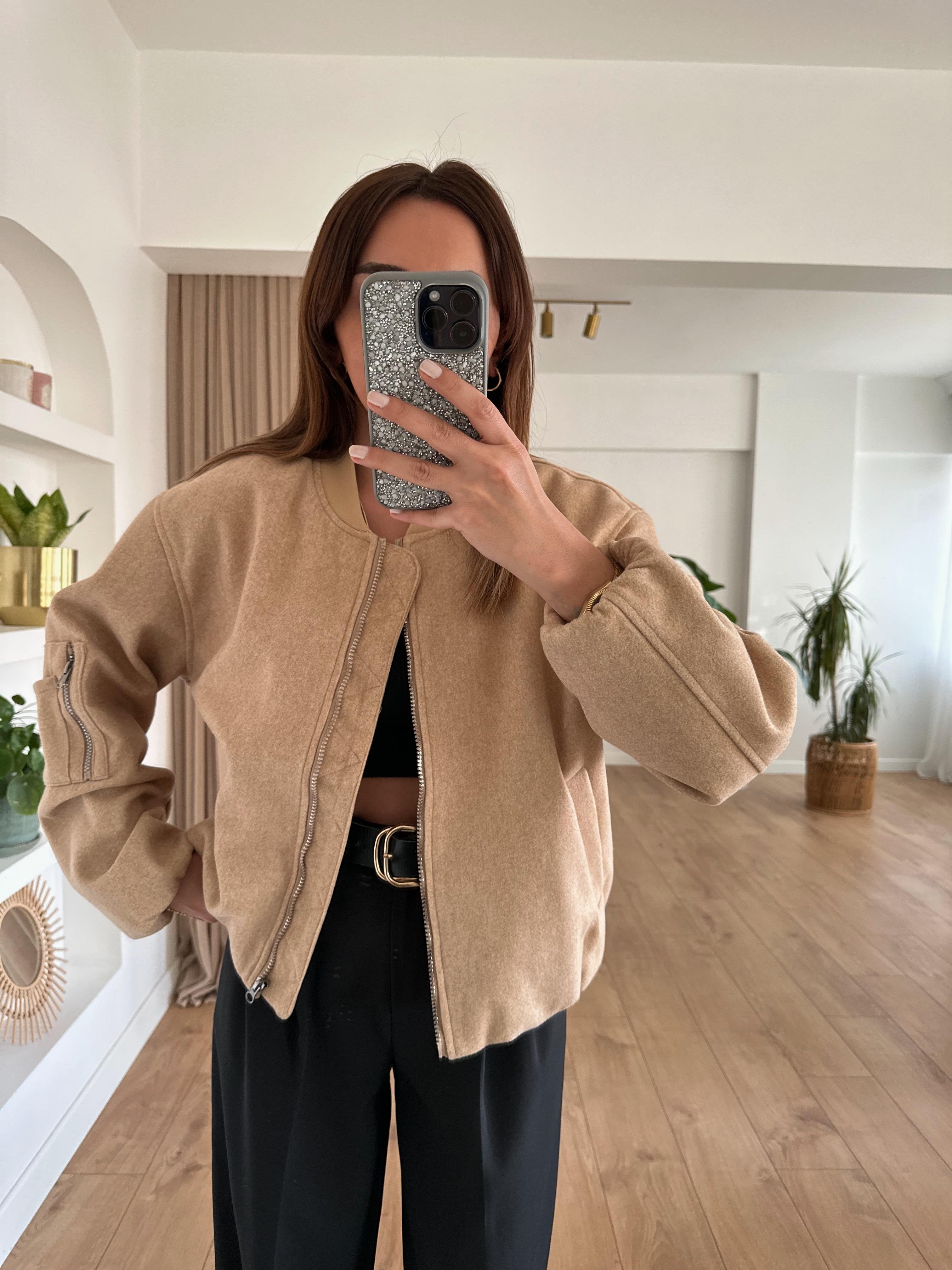 CAMEL KOLU CEPLİ KAŞE BOMBER CEKET