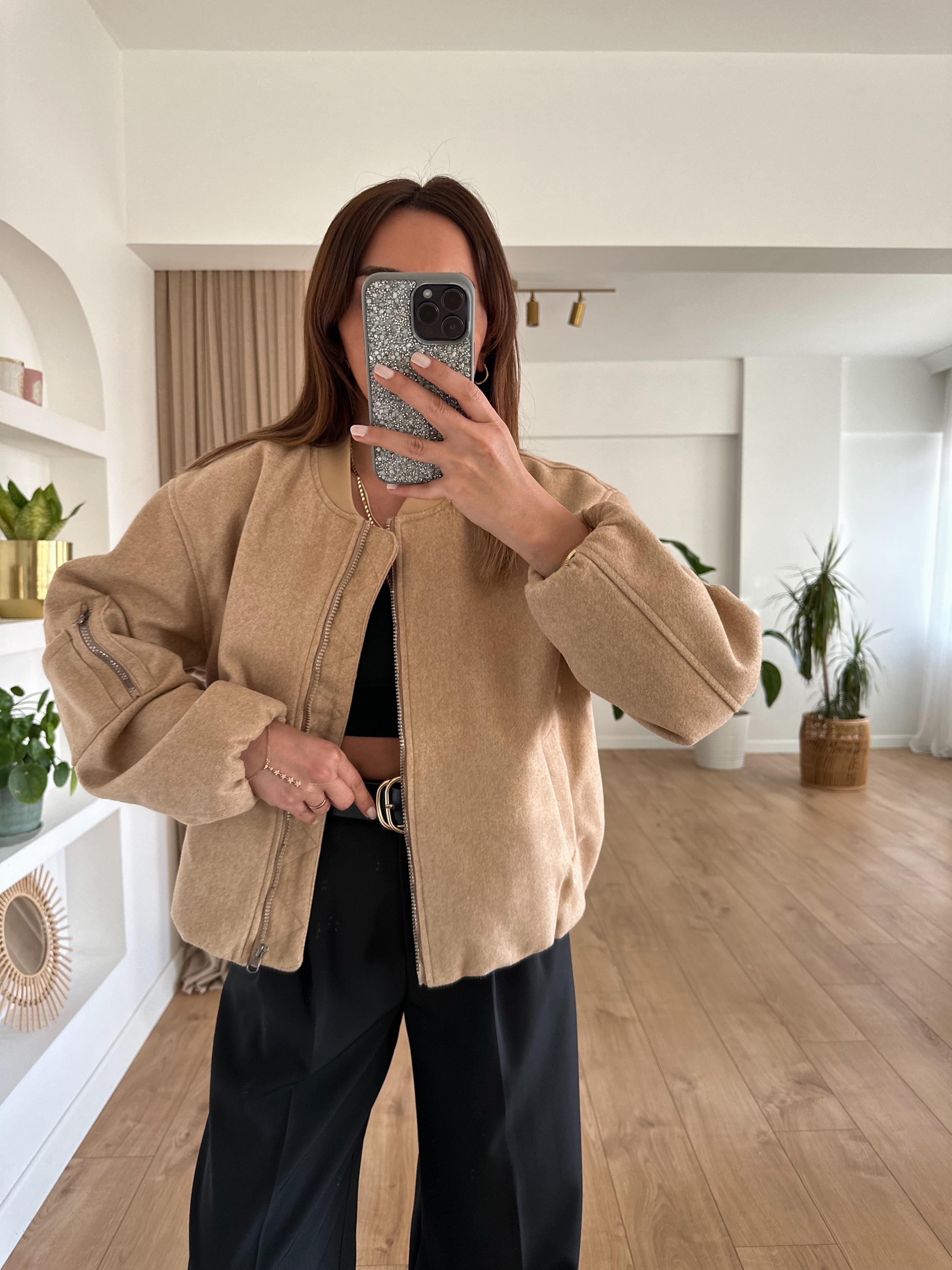 CAMEL KOLU CEPLİ KAŞE BOMBER CEKET