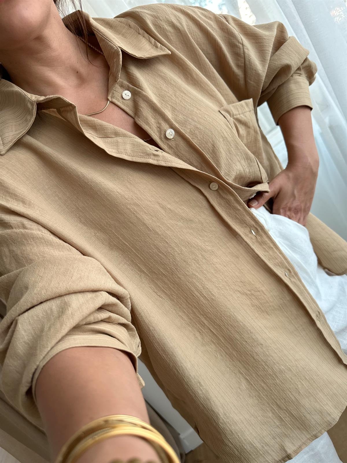 CAMEL OVERSIZE KETEN DOKULU GÖMLEK