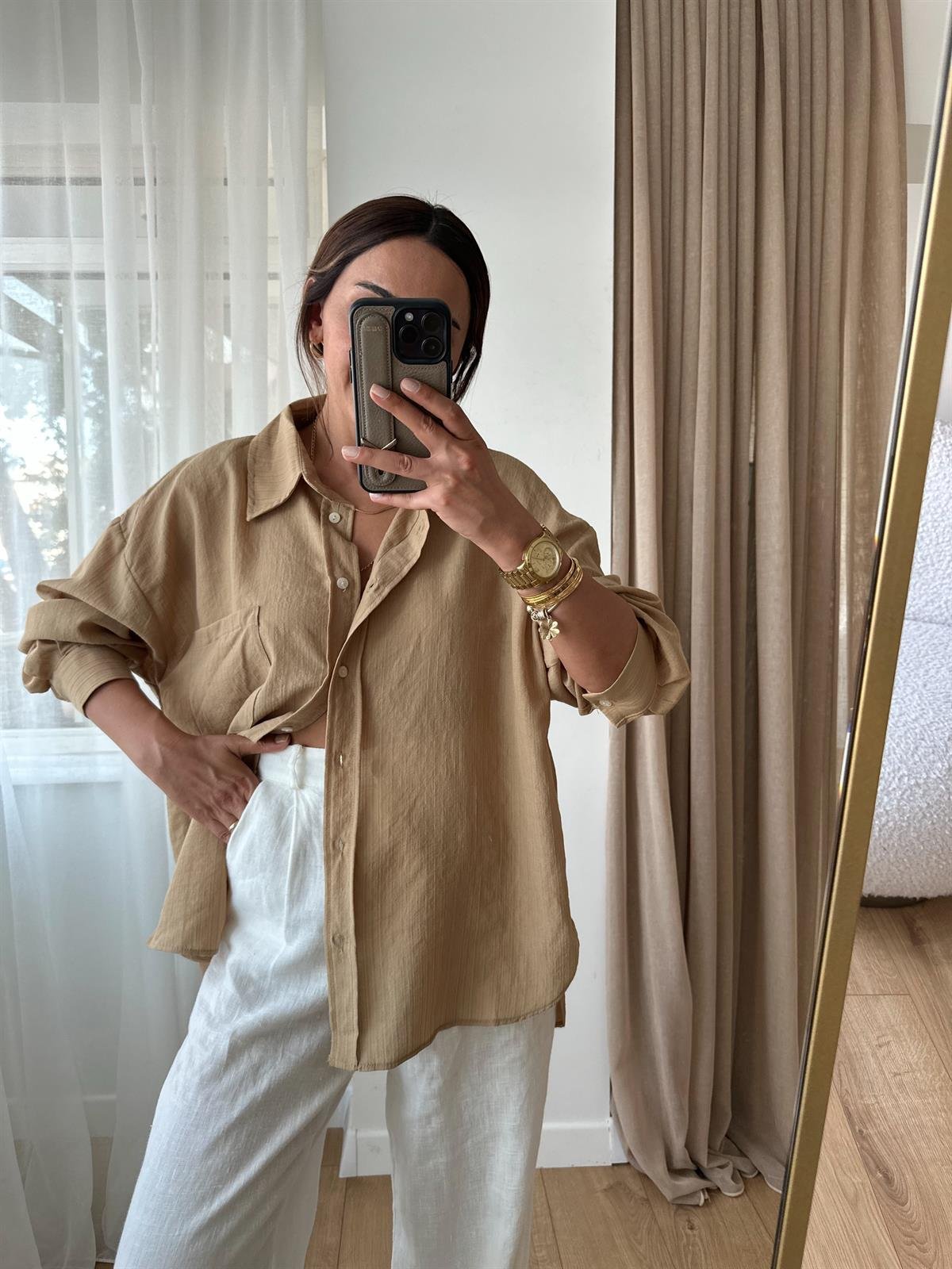 CAMEL OVERSIZE KETEN DOKULU GÖMLEK