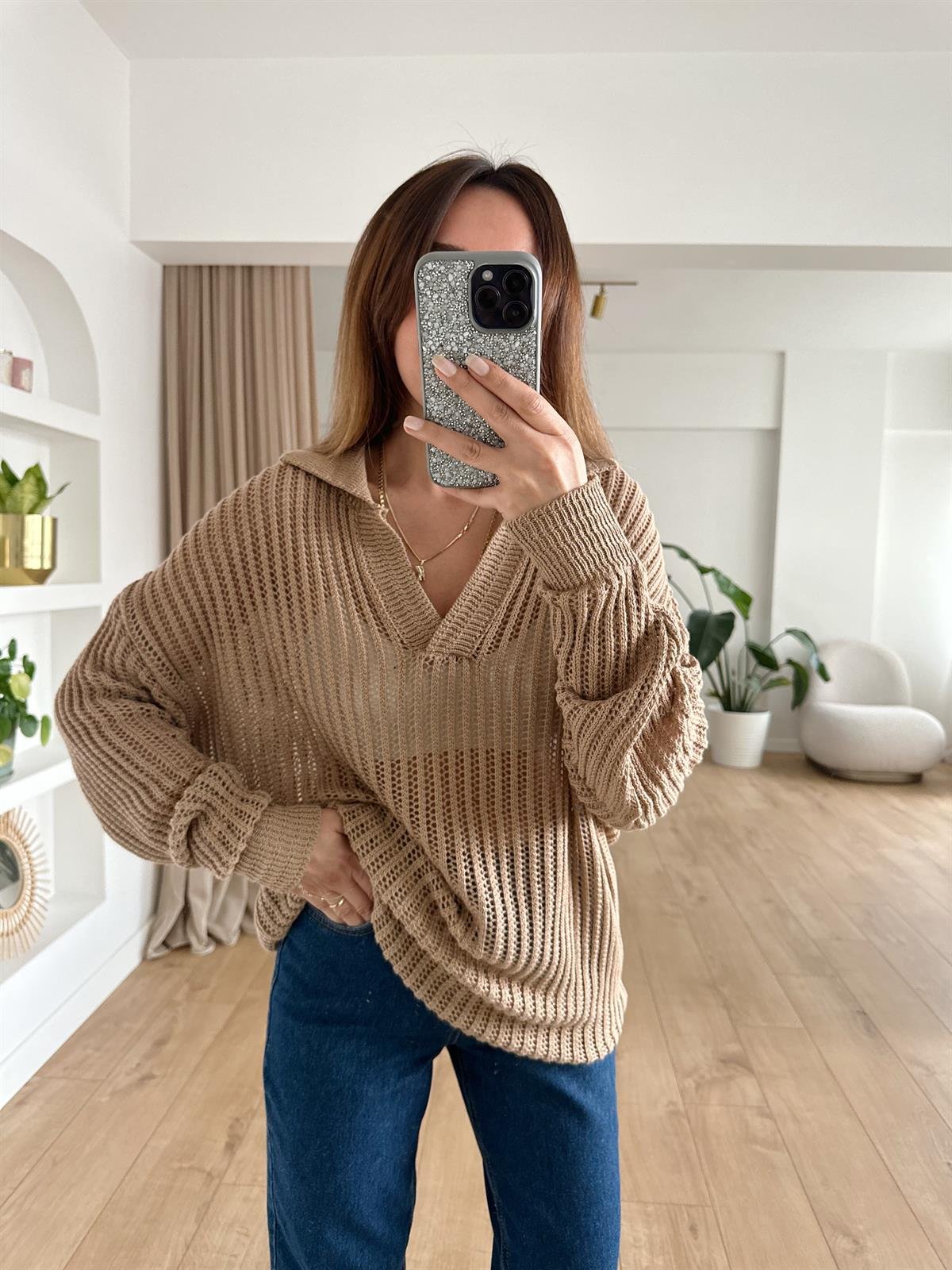 CAMEL POLO YAKA UZUN AJURLU TRİKO