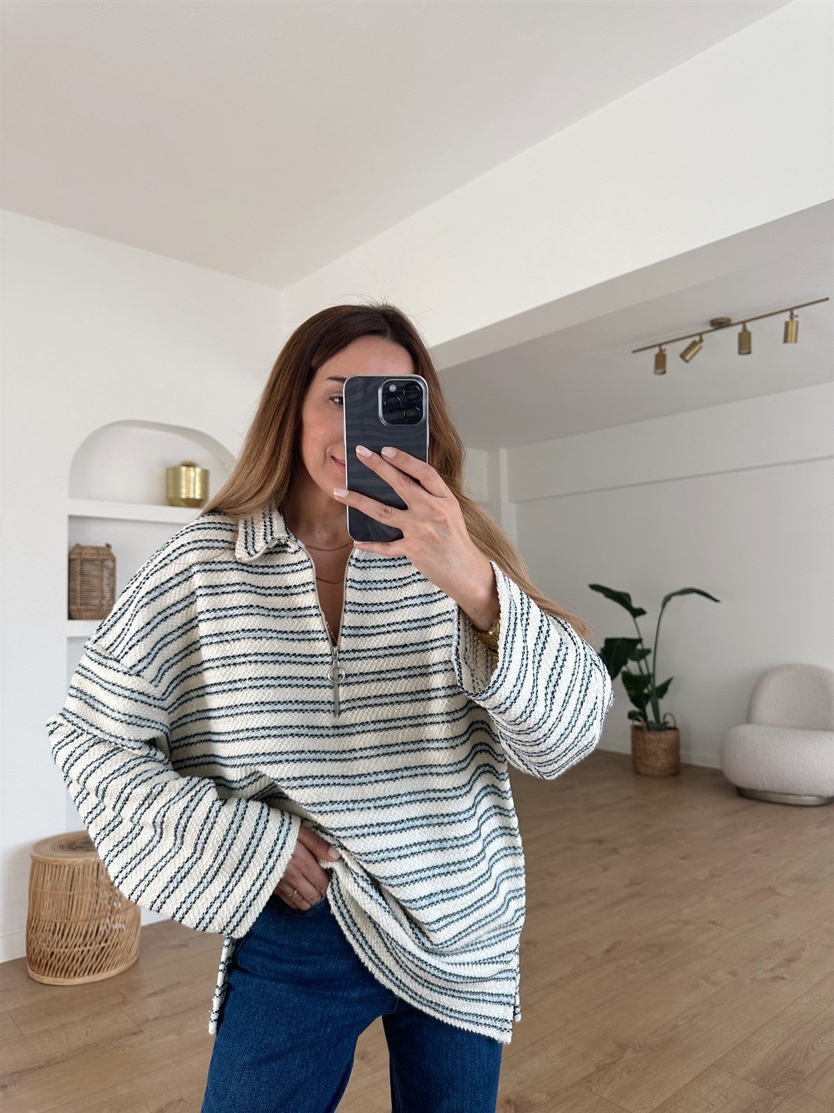 ÇİZGİLİ FERMUARLI ÖRME SWEAT 