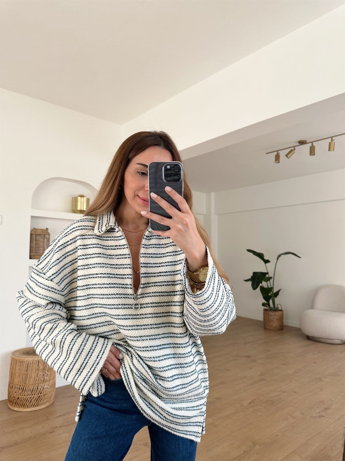 ÇİZGİLİ FERMUARLI ÖRME SWEAT 