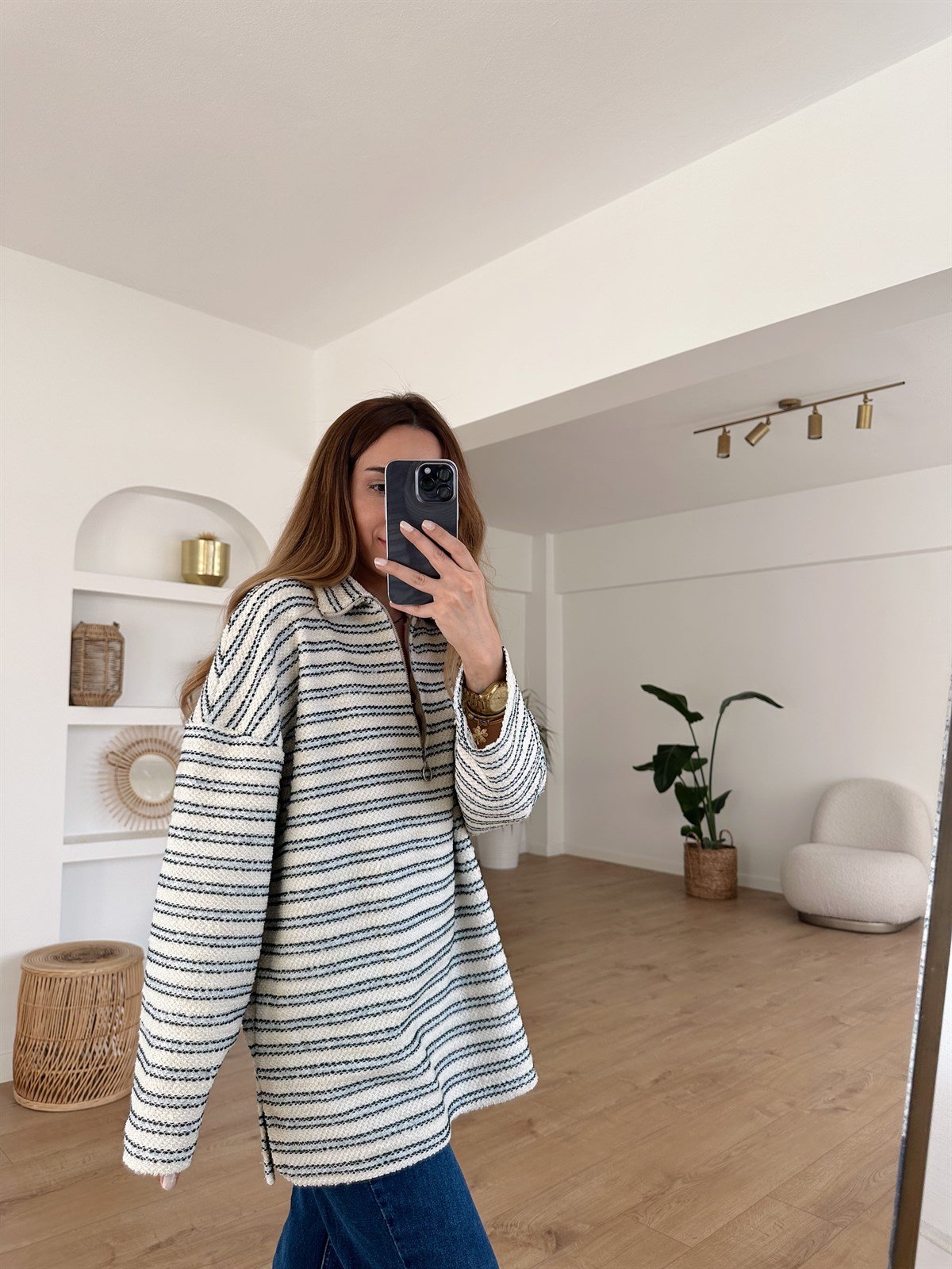 ÇİZGİLİ FERMUARLI ÖRME SWEAT 