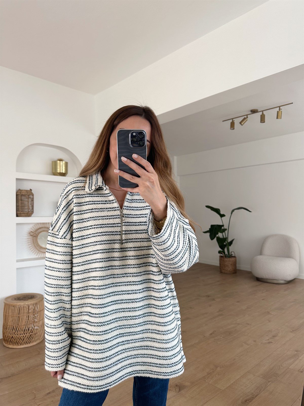 ÇİZGİLİ FERMUARLI ÖRME SWEAT 