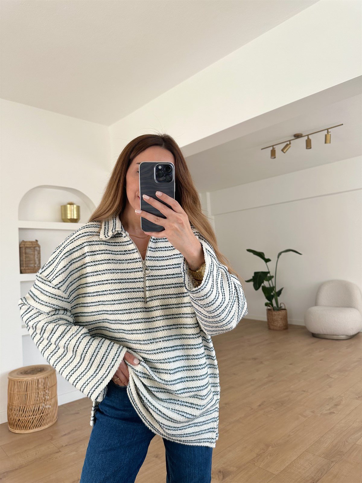 ÇİZGİLİ FERMUARLI ÖRME SWEAT 