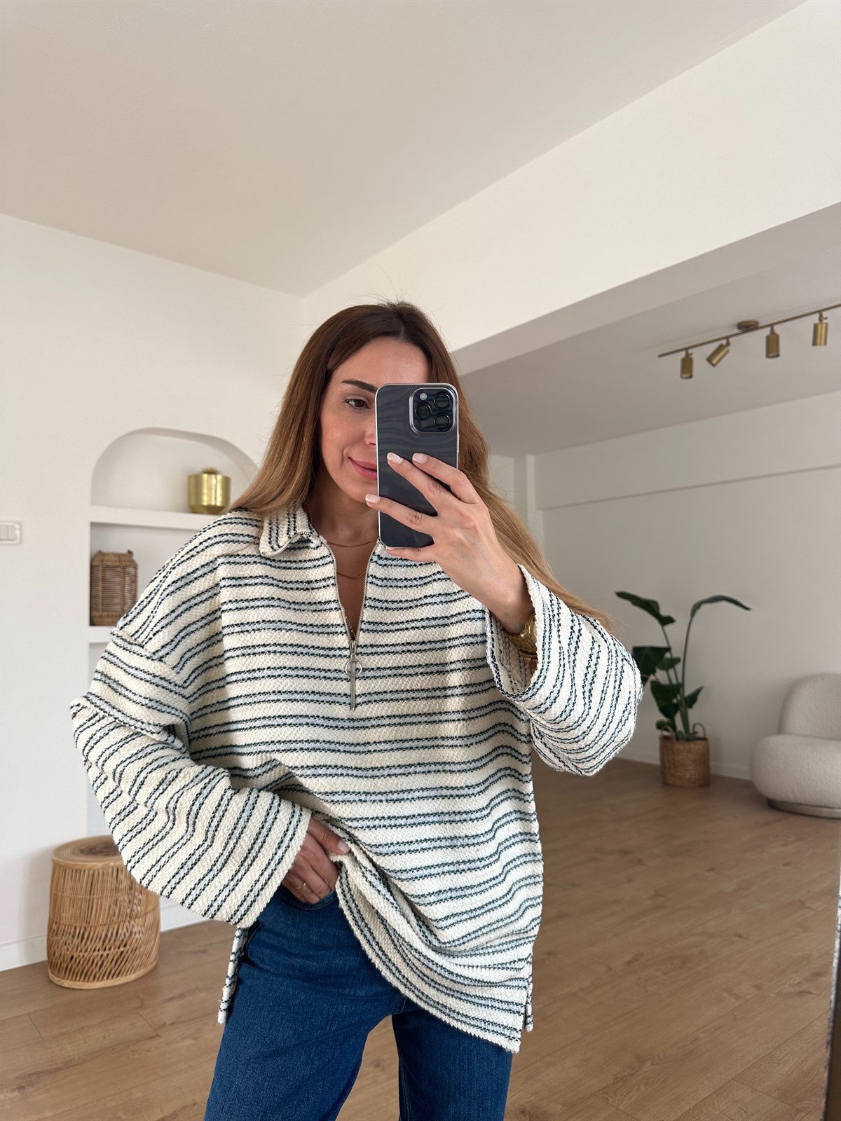 ÇİZGİLİ FERMUARLI ÖRME SWEAT 