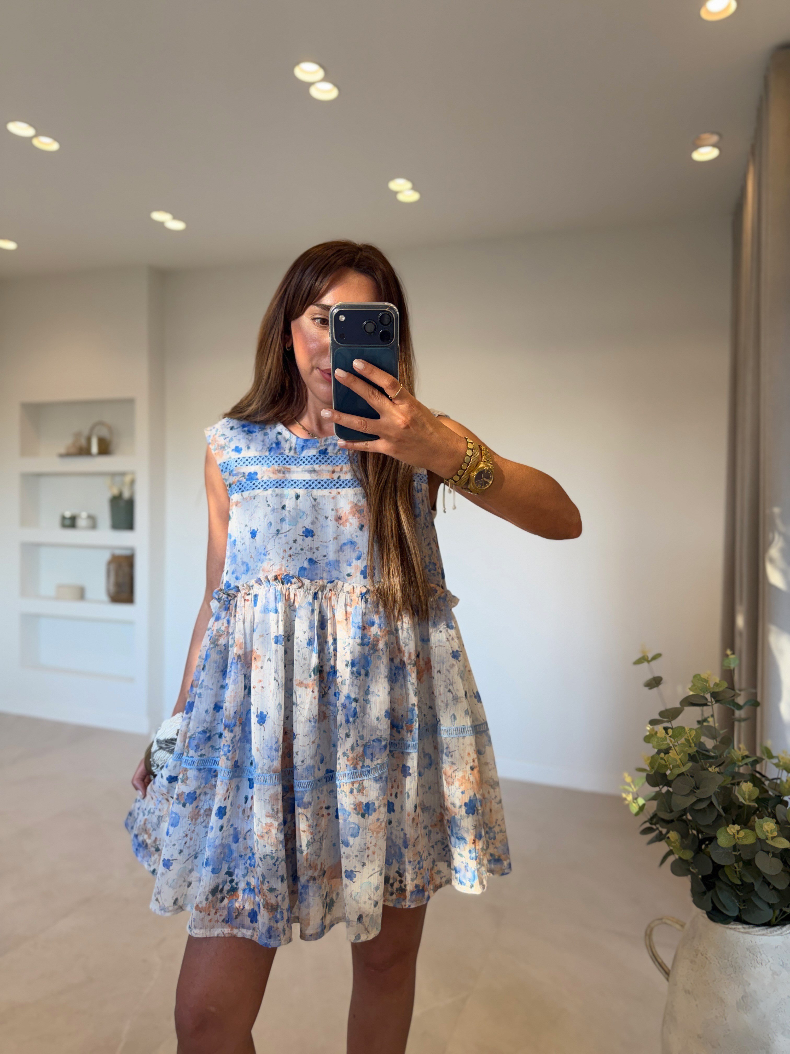 CR1038 Şifon Dantel Detaylı Mavi Elbise