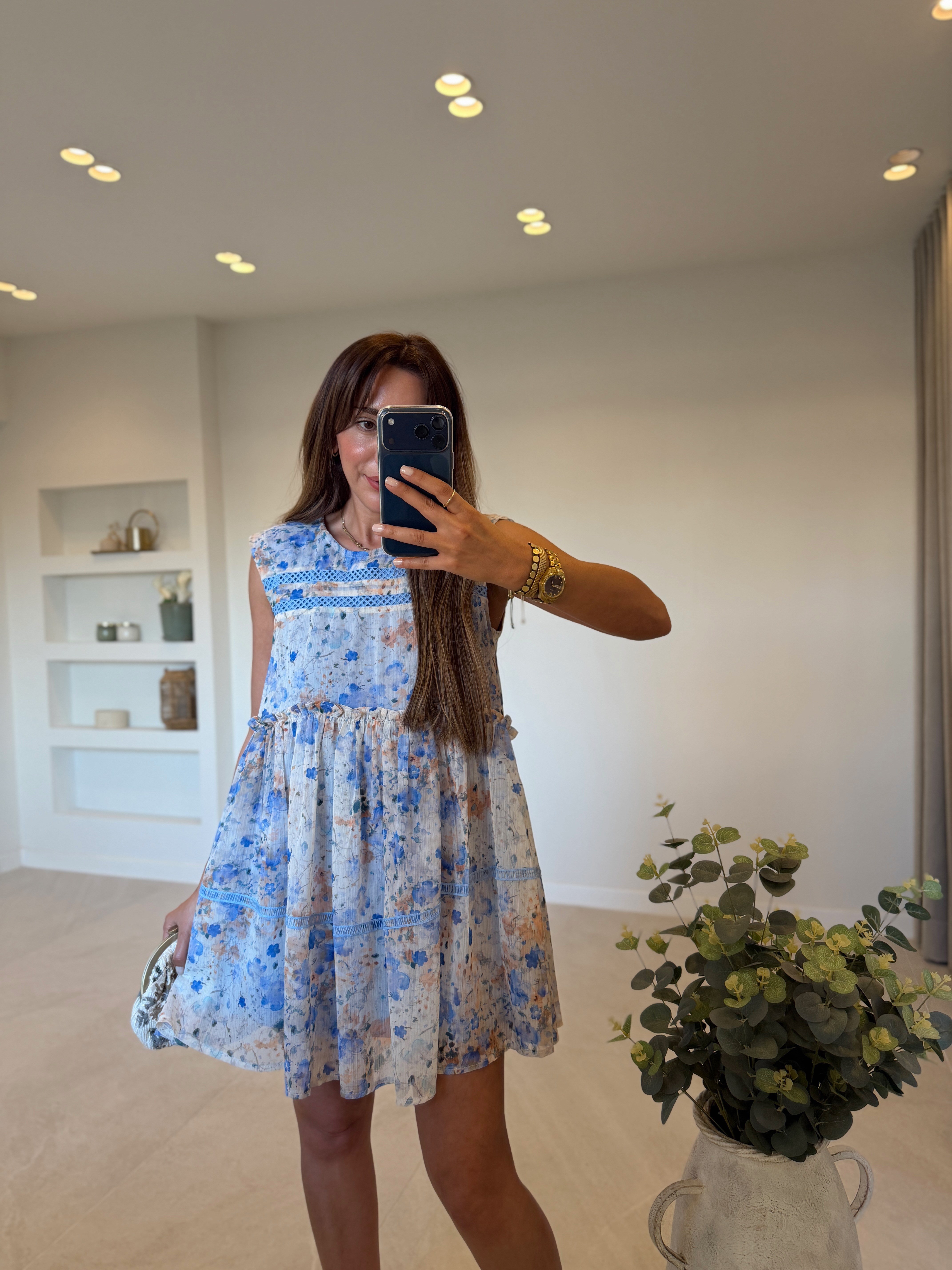 CR1038 Şifon Dantel Detaylı Mavi Elbise