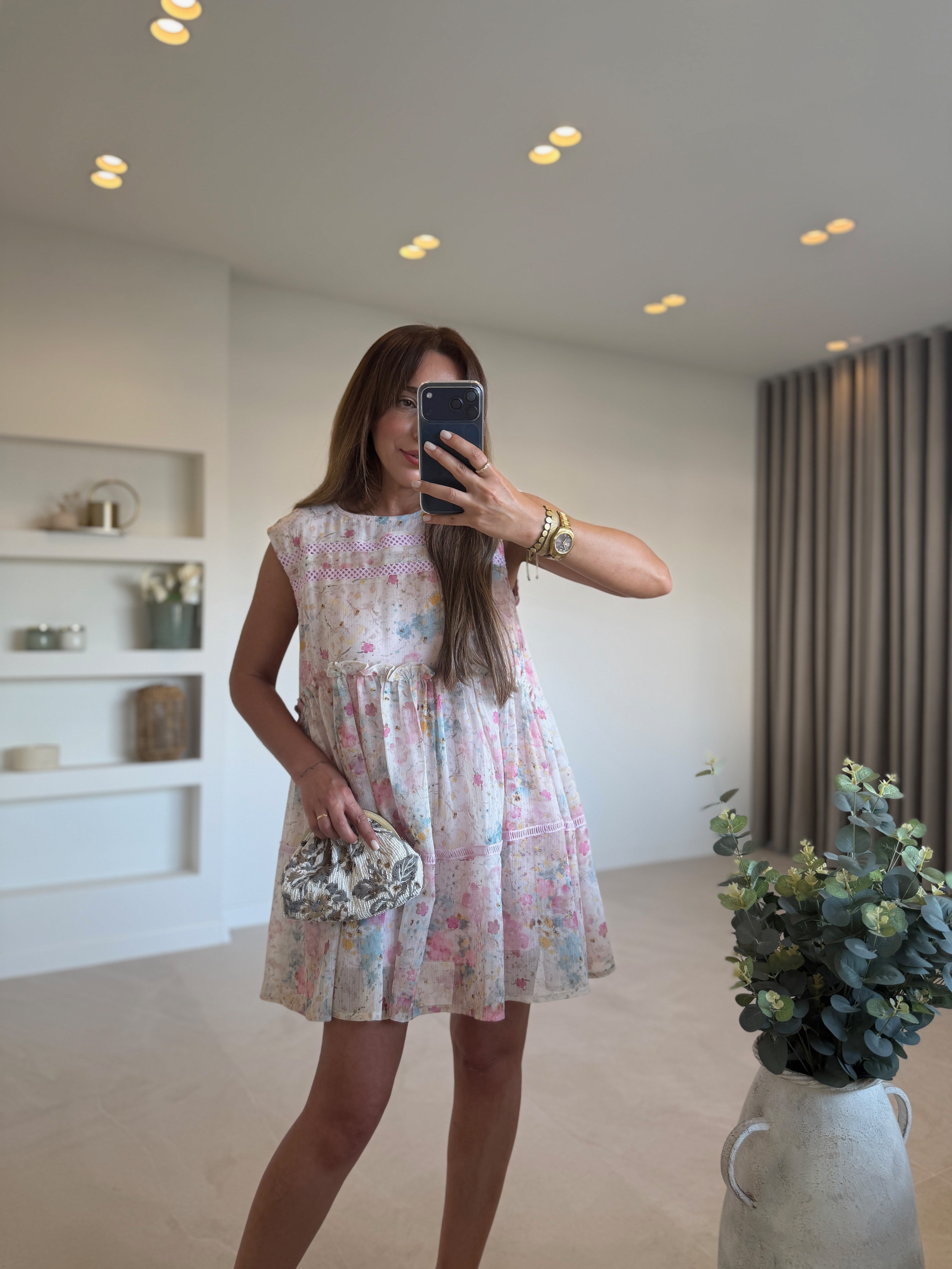CR1038 Şifon Dantel Detaylı Pembe Elbise