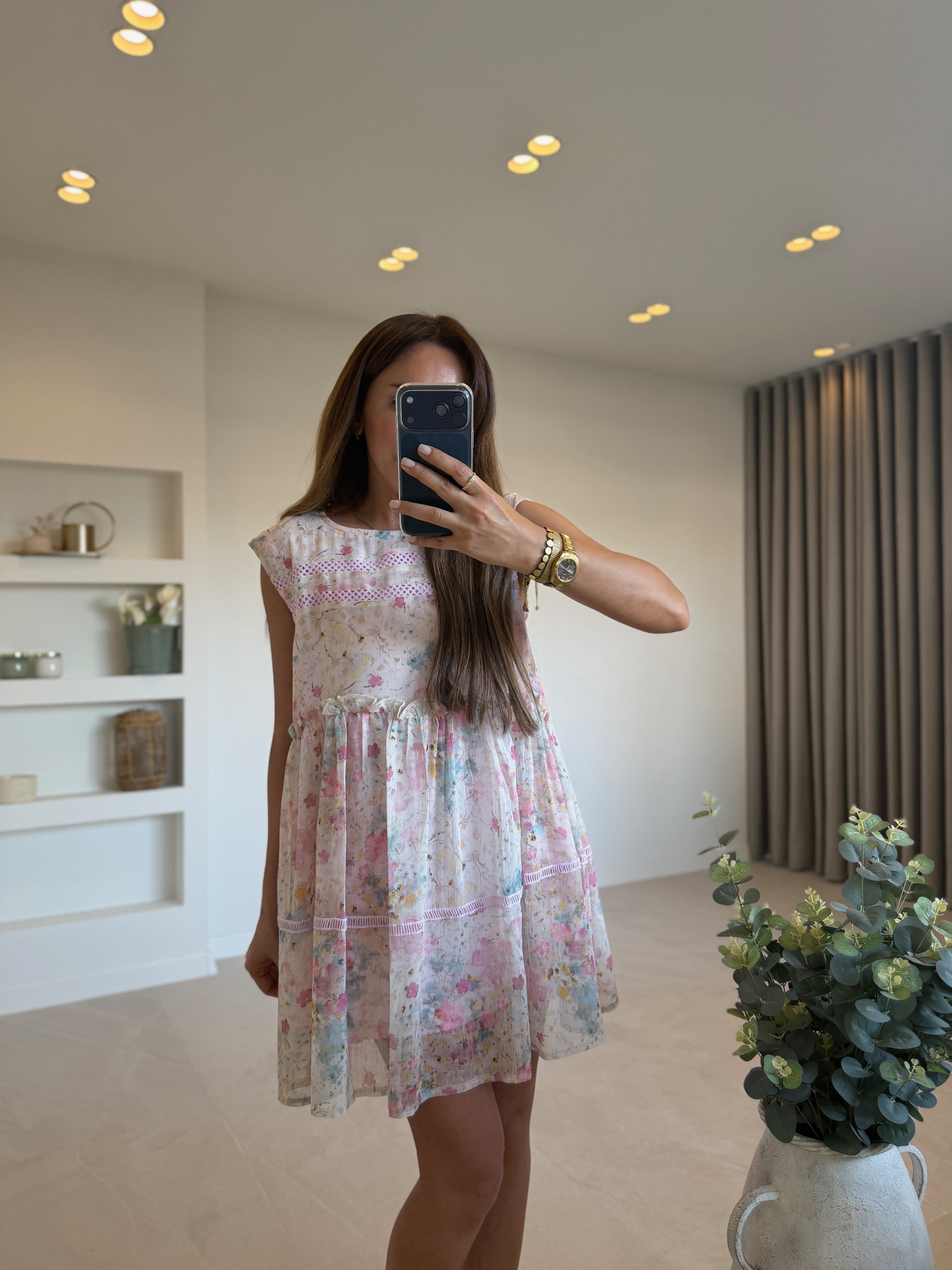 CR1038 Şifon Dantel Detaylı Pembe Elbise