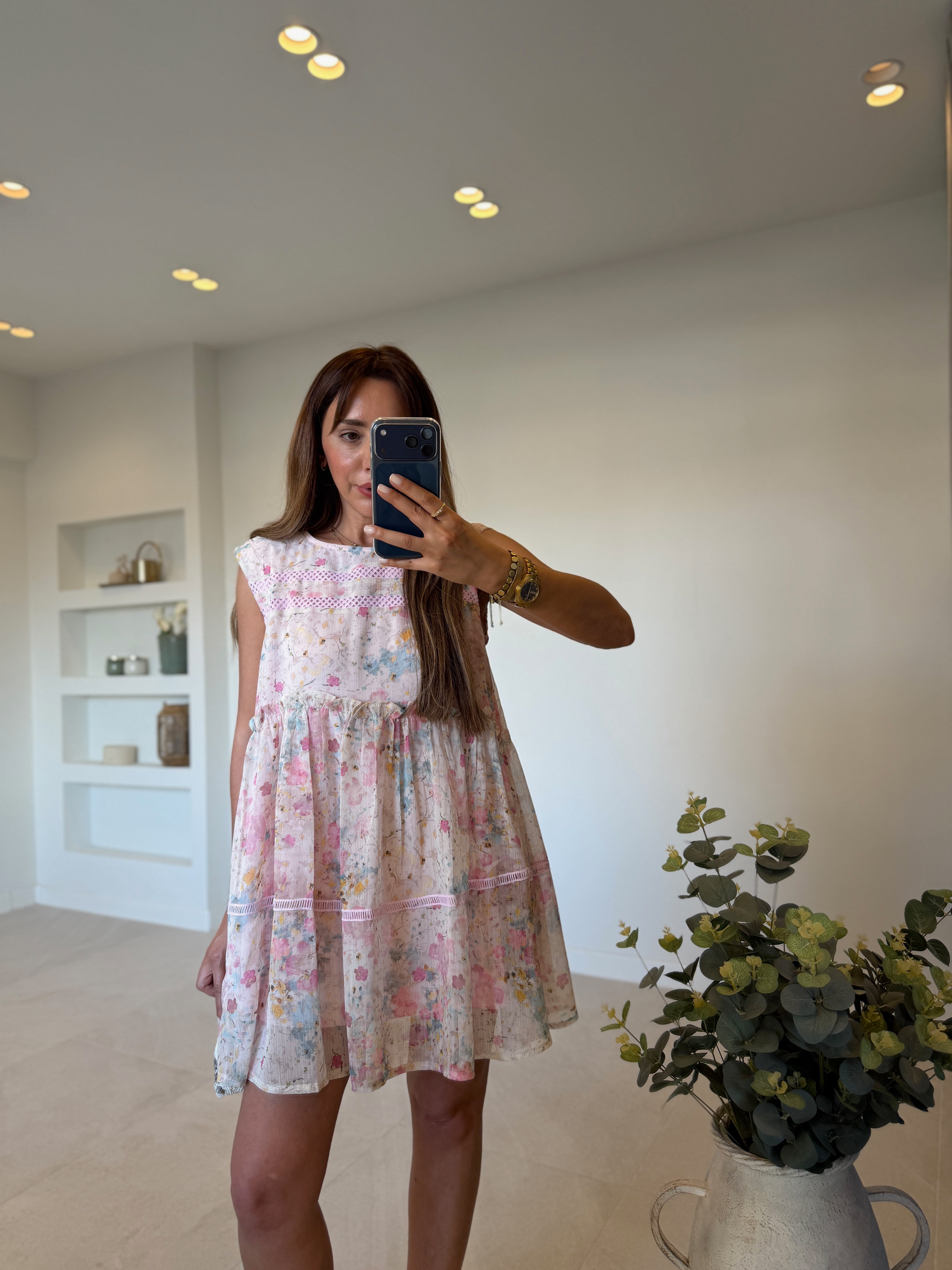 CR1038 Şifon Dantel Detaylı Pembe Elbise