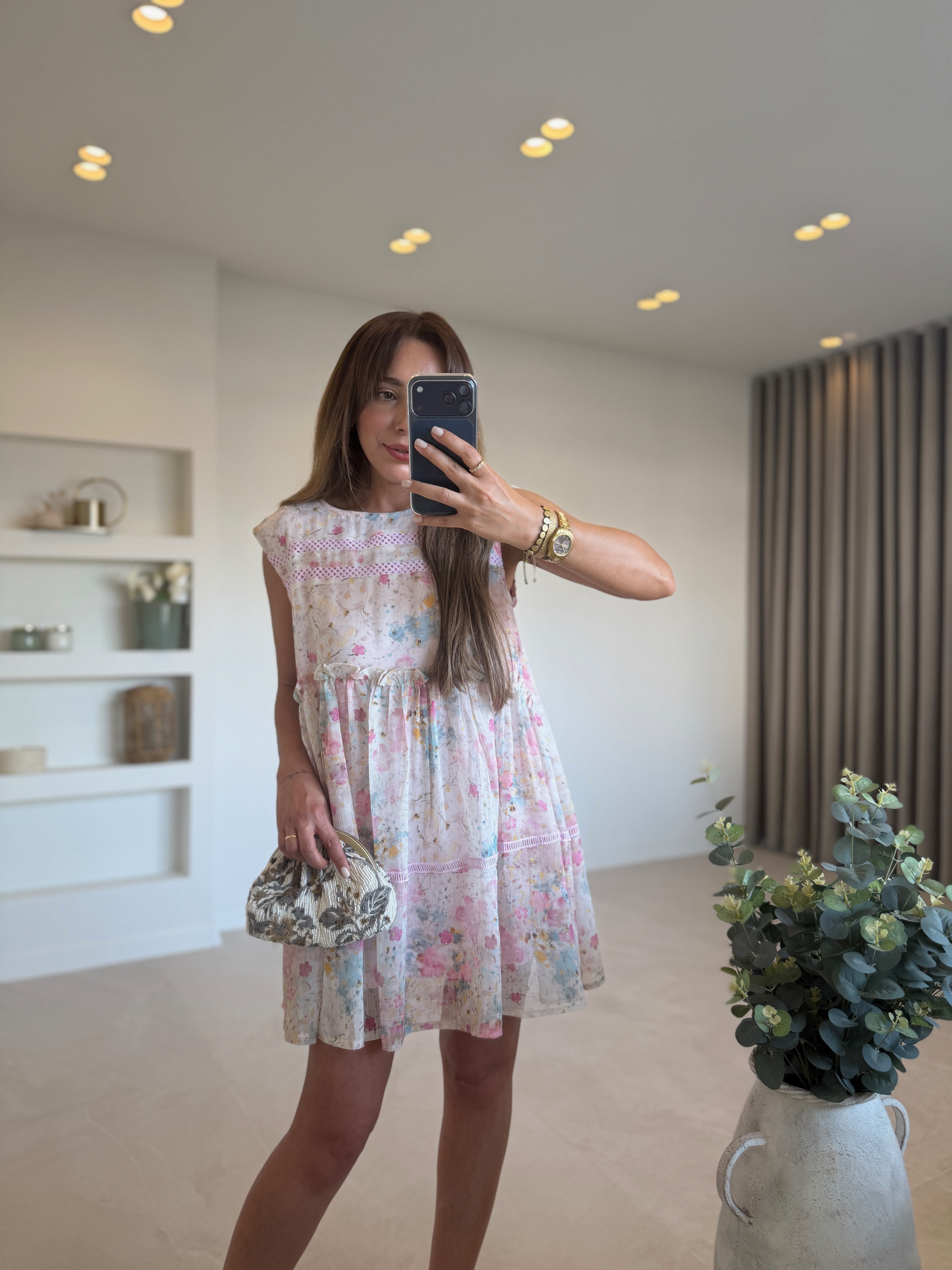 CR1038 Şifon Dantel Detaylı Pembe Elbise
