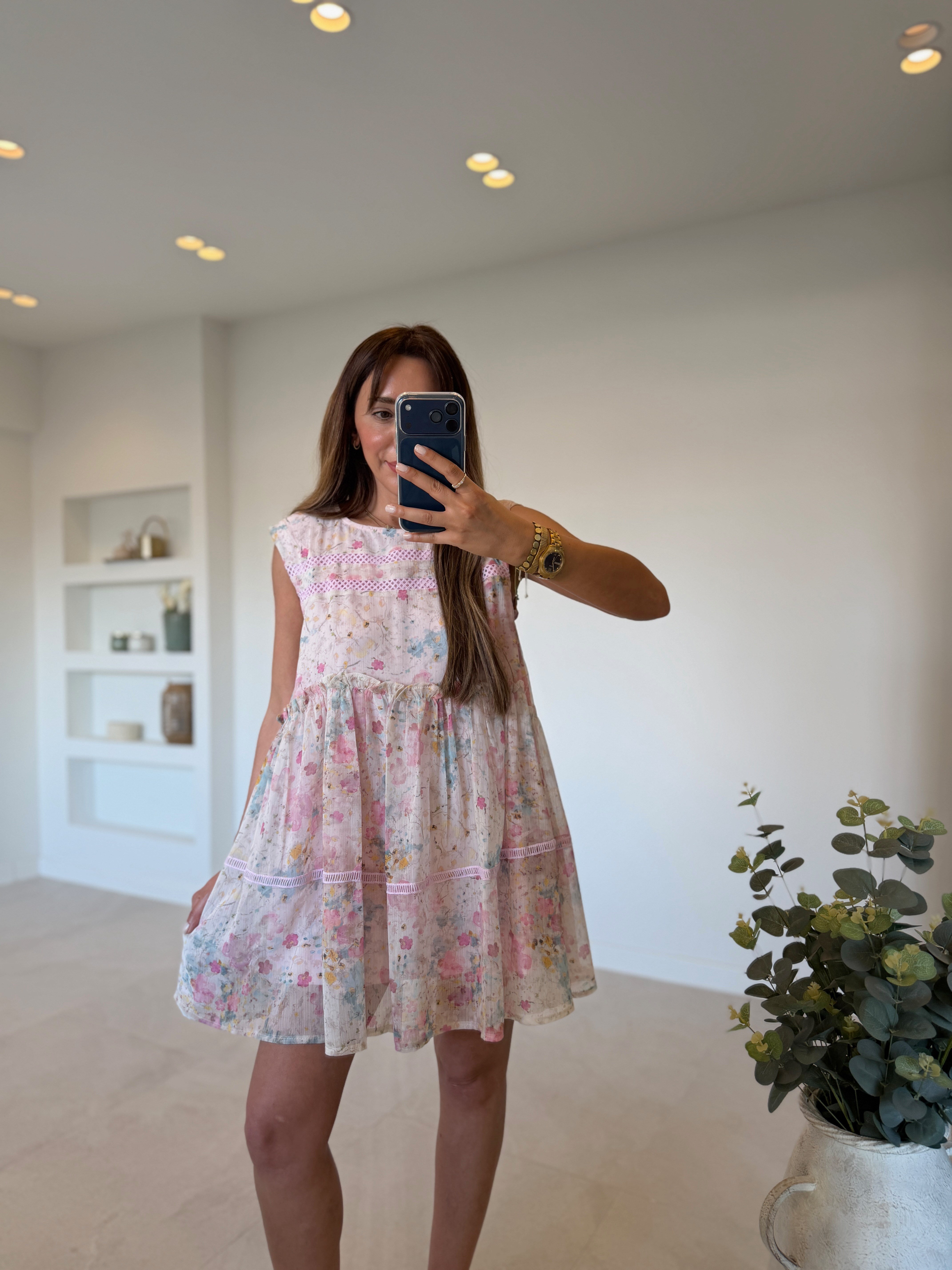 CR1038 Şifon Dantel Detaylı Pembe Elbise