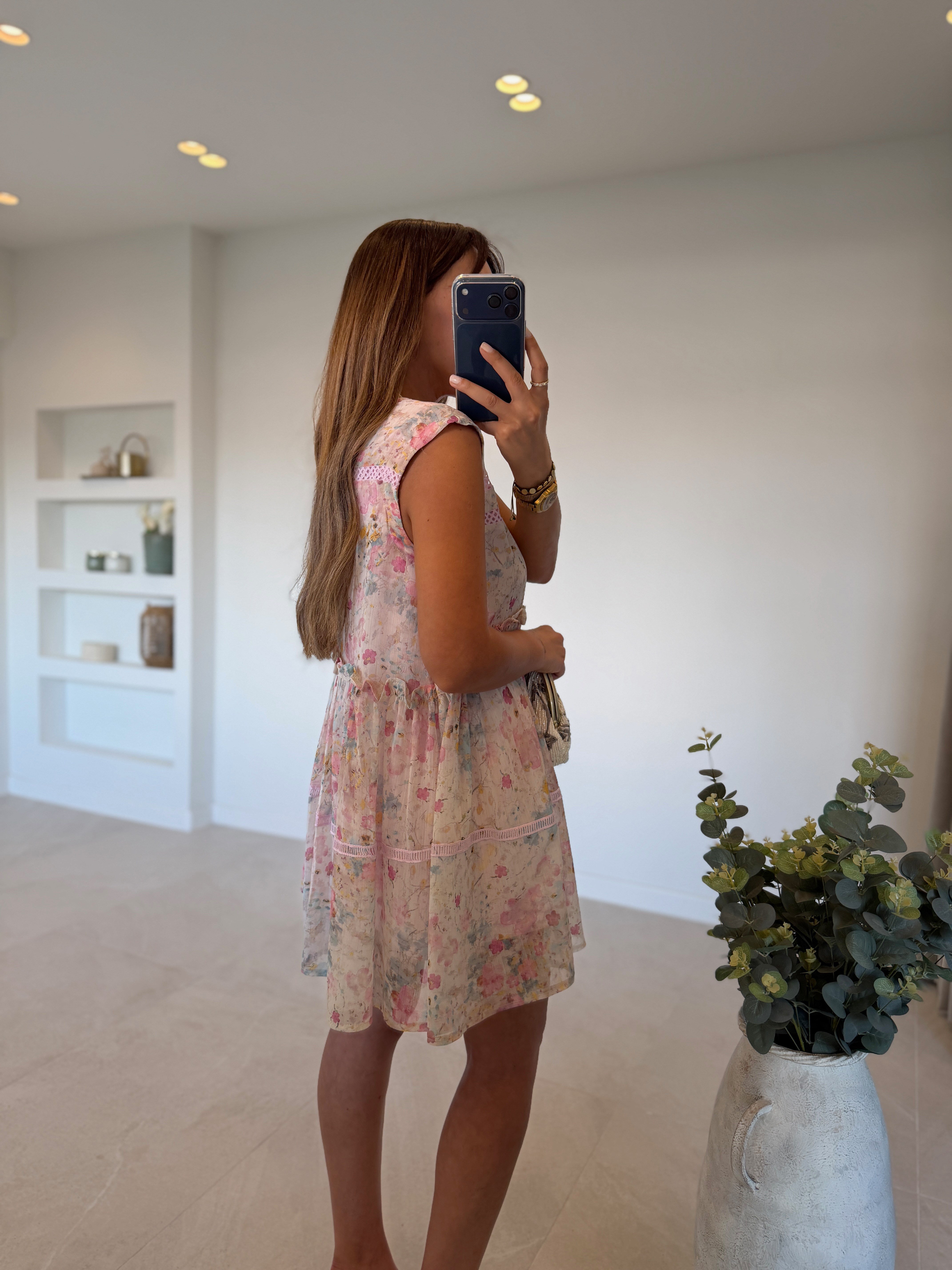 CR1038 Şifon Dantel Detaylı Pembe Elbise