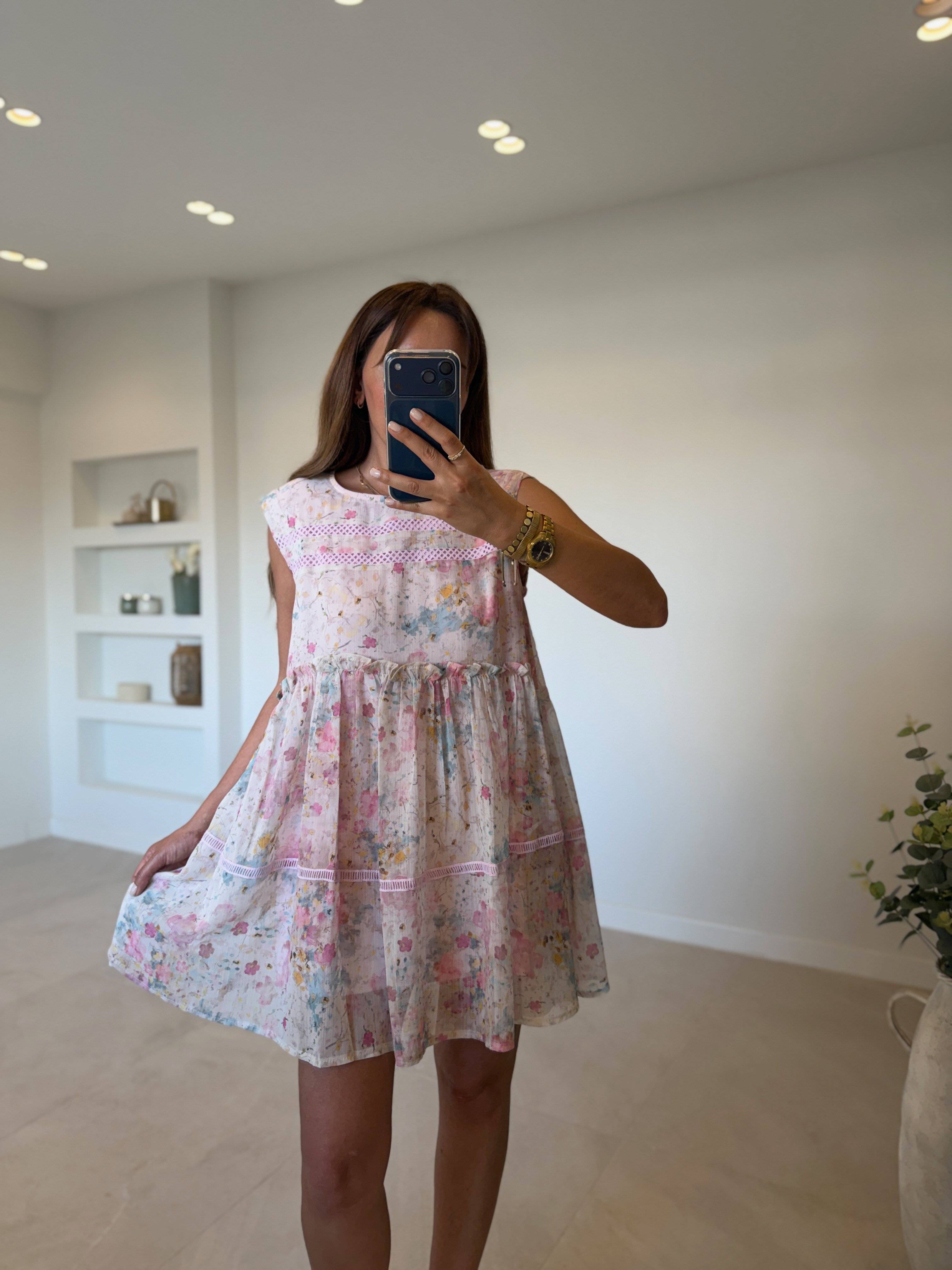 CR1038 Şifon Dantel Detaylı Pembe Elbise