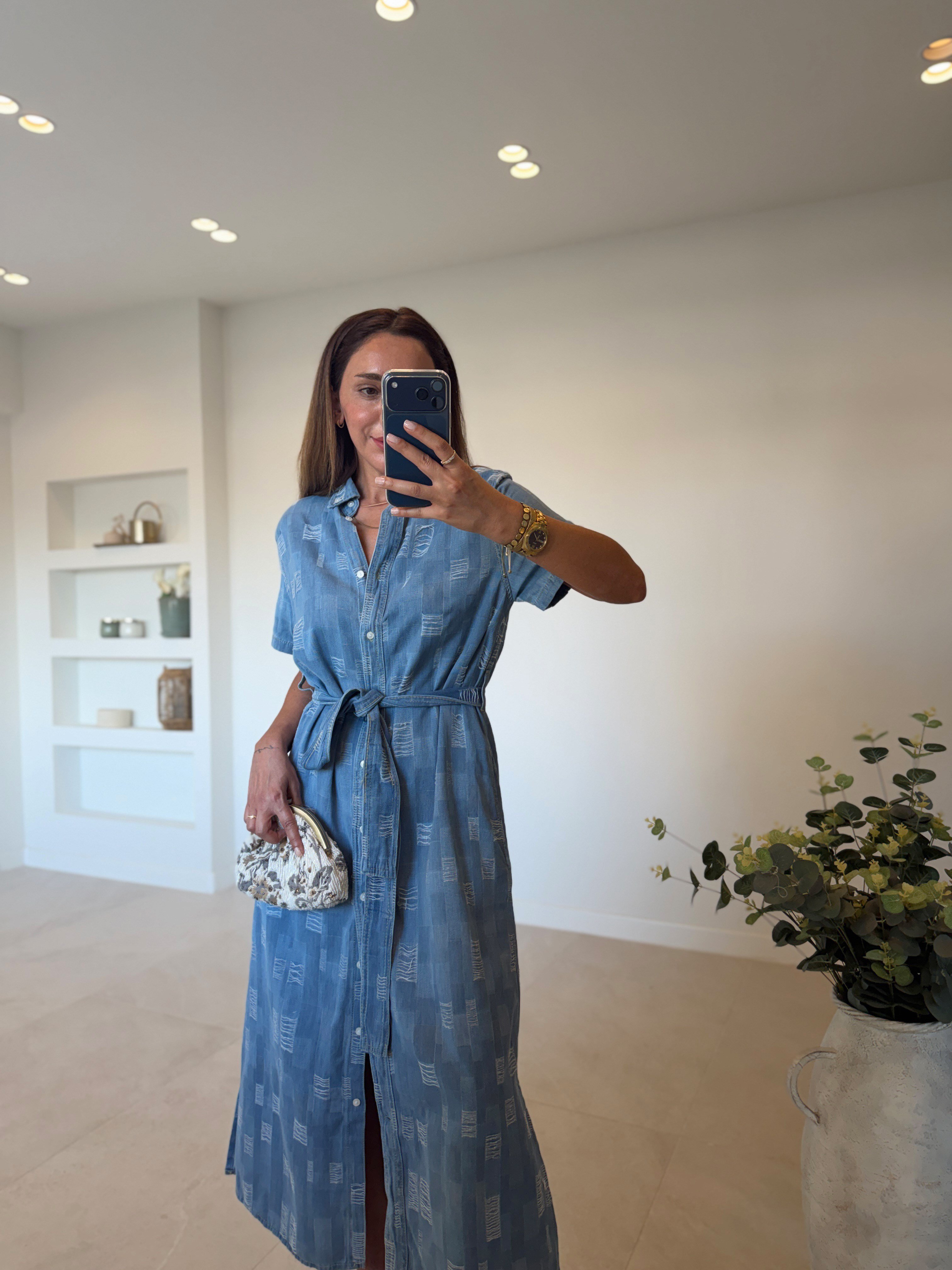 Dikiş Detaylı Kemerli Jean Elbise