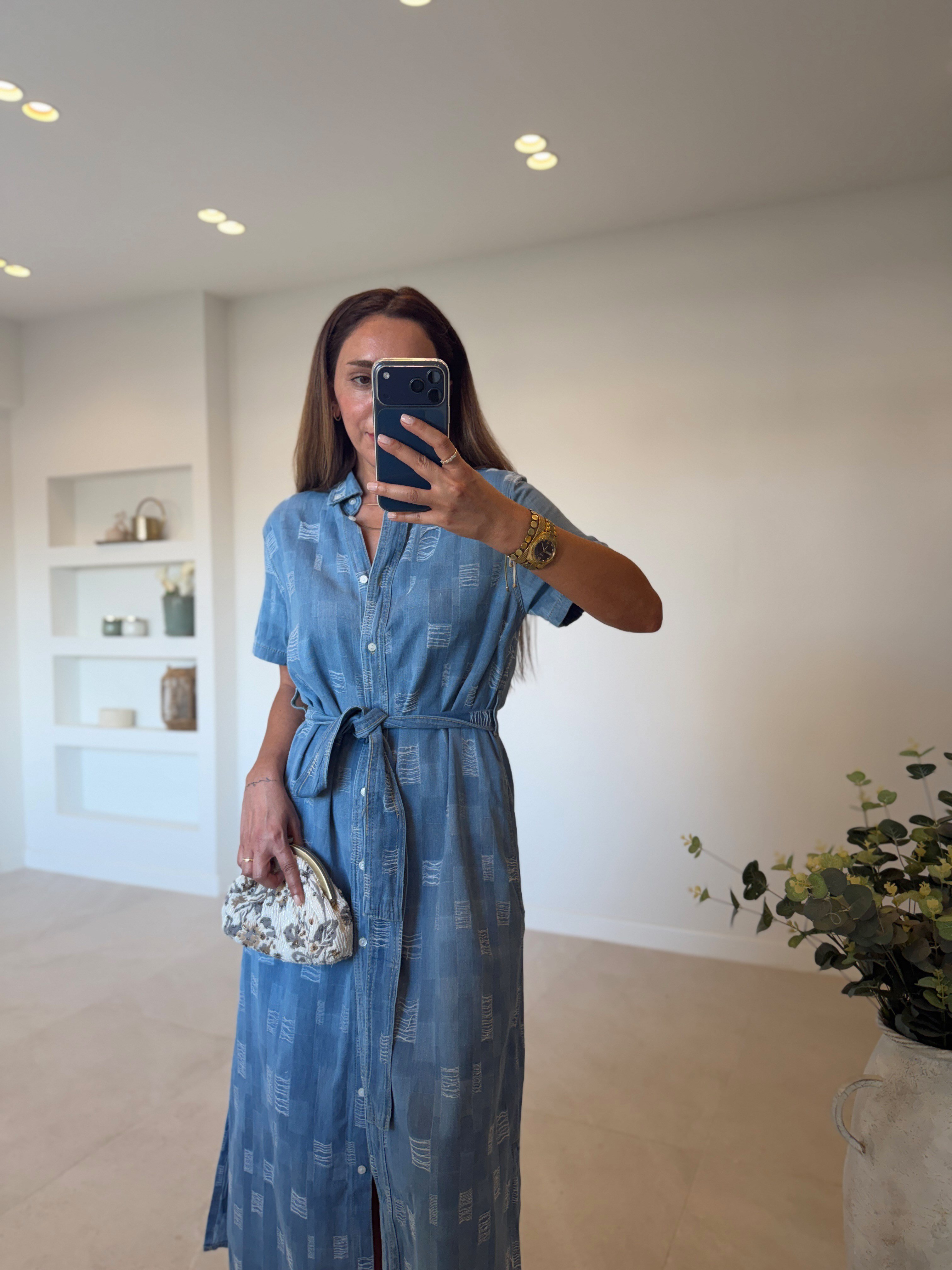 Dikiş Detaylı Kemerli Jean Elbise