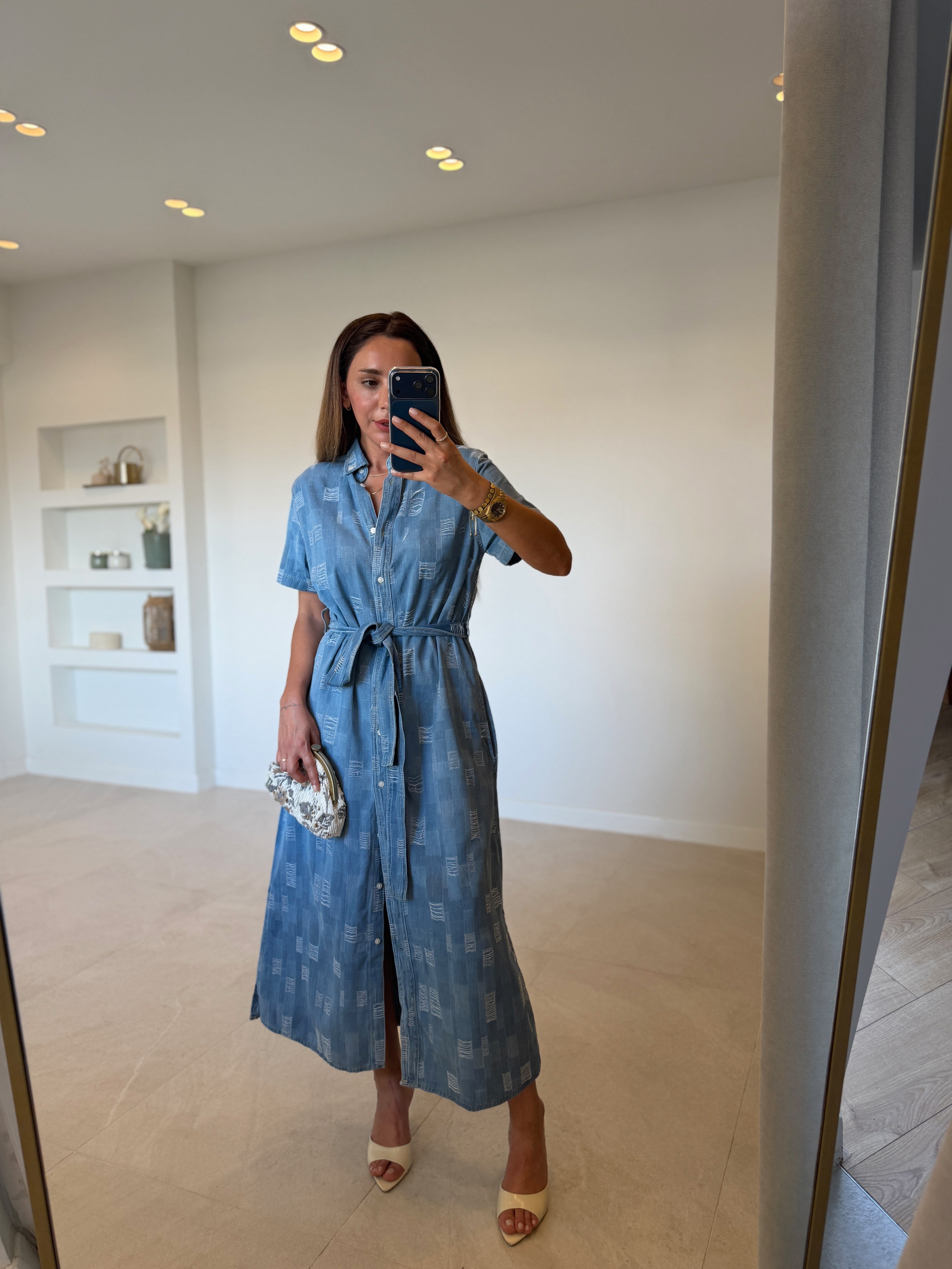 Dikiş Detaylı Kemerli Jean Elbise