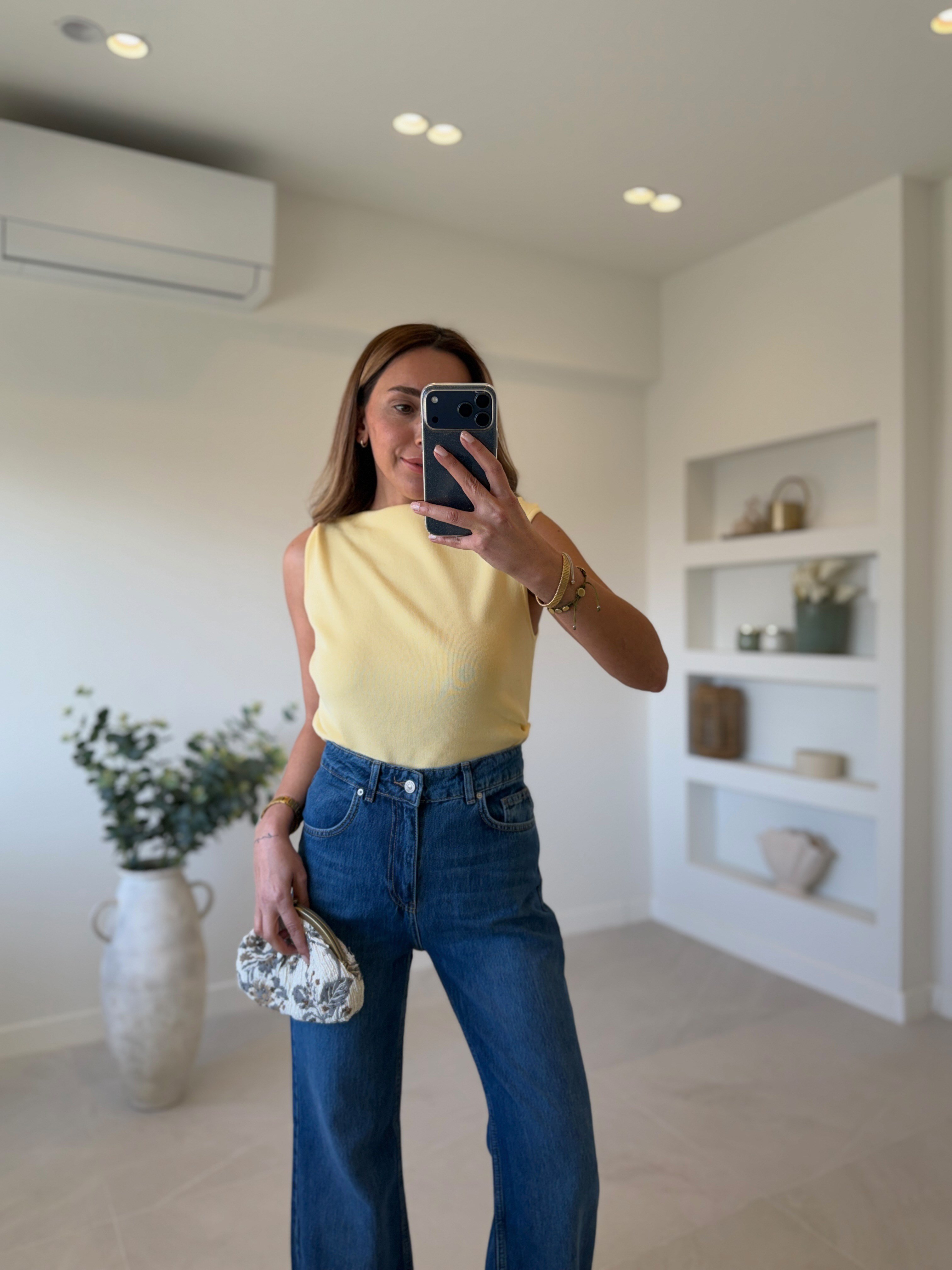 Dilvin 10778 Kayık Yaka Drapeli Sarı Triko Bluz