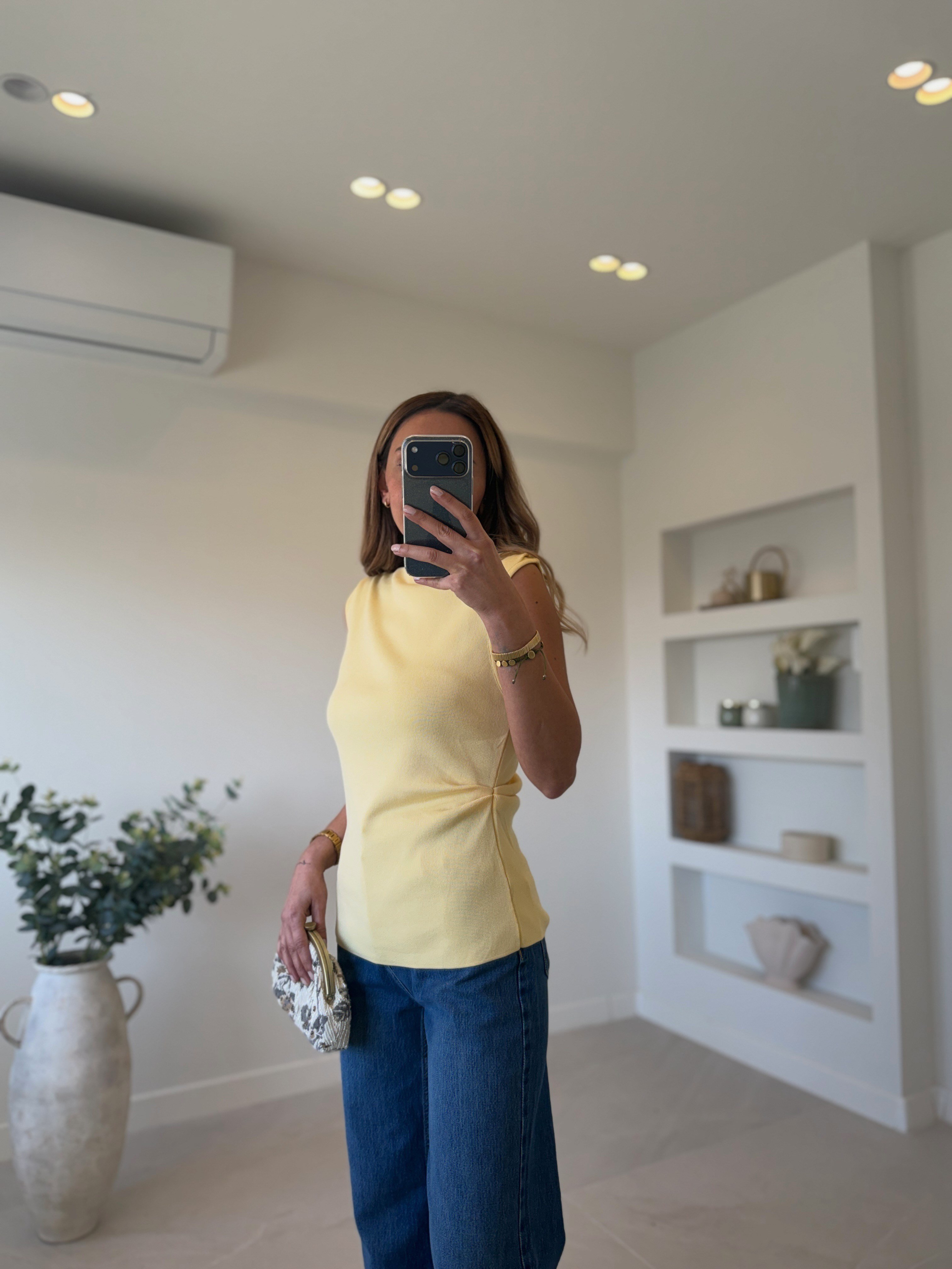 Dilvin 10778 Kayık Yaka Drapeli Sarı Triko Bluz
