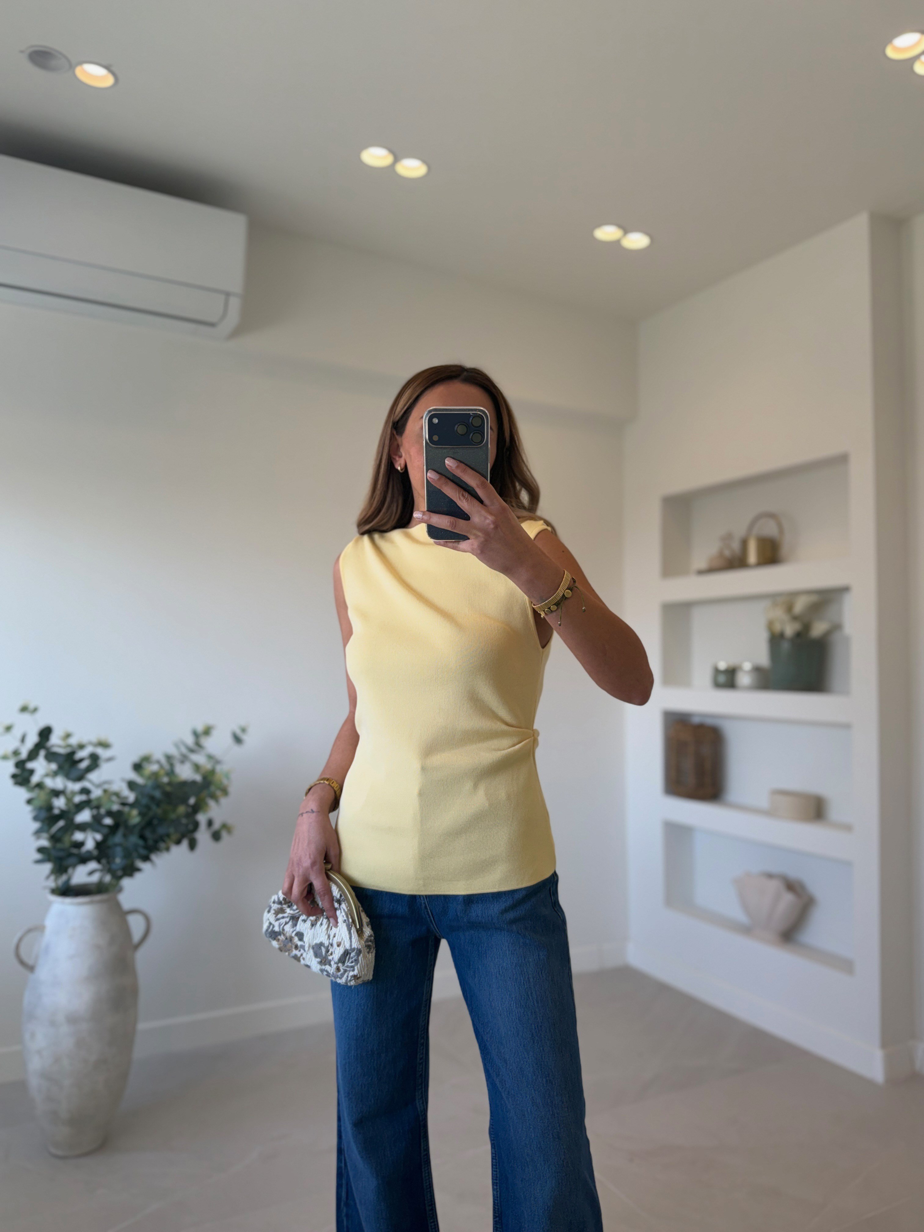 Dilvin 10778 Kayık Yaka Drapeli Sarı Triko Bluz