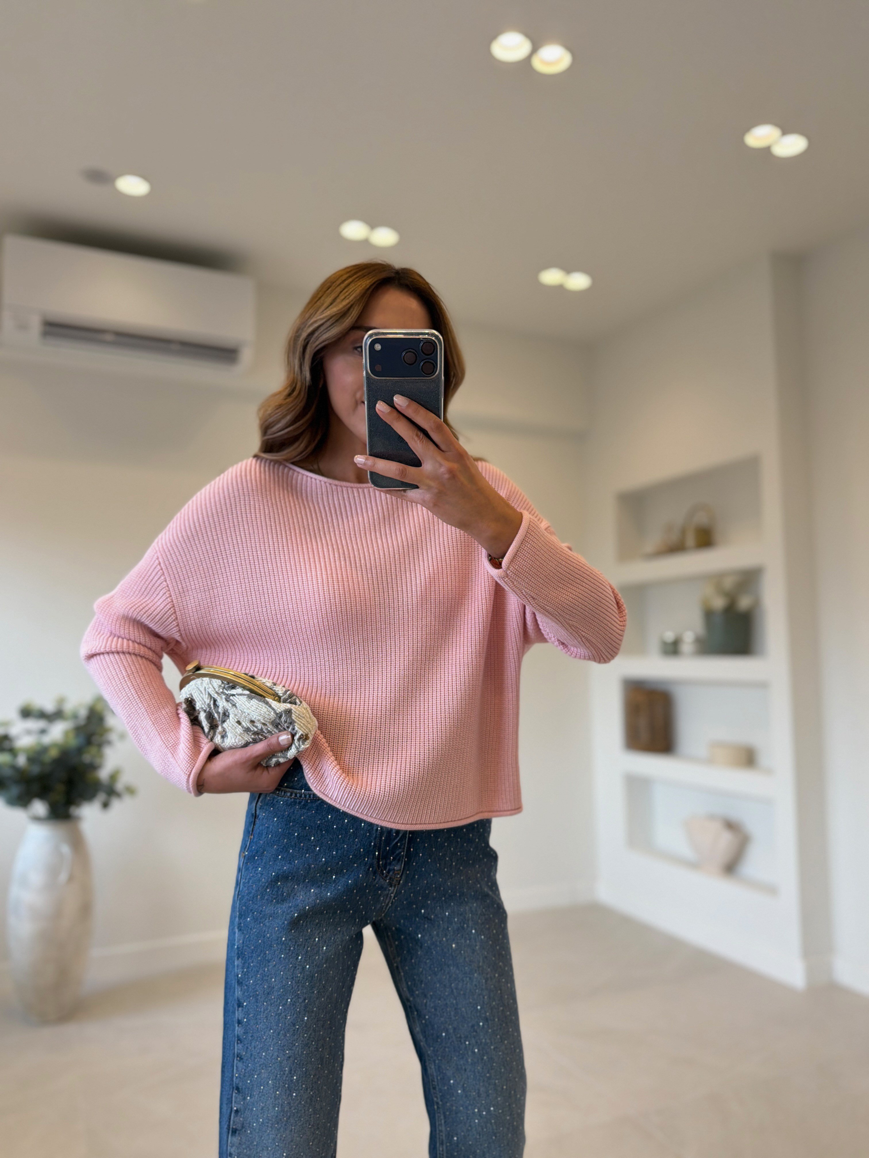 Dilvin 10804 Pembe Kayık Yaka Basic Triko Kazak