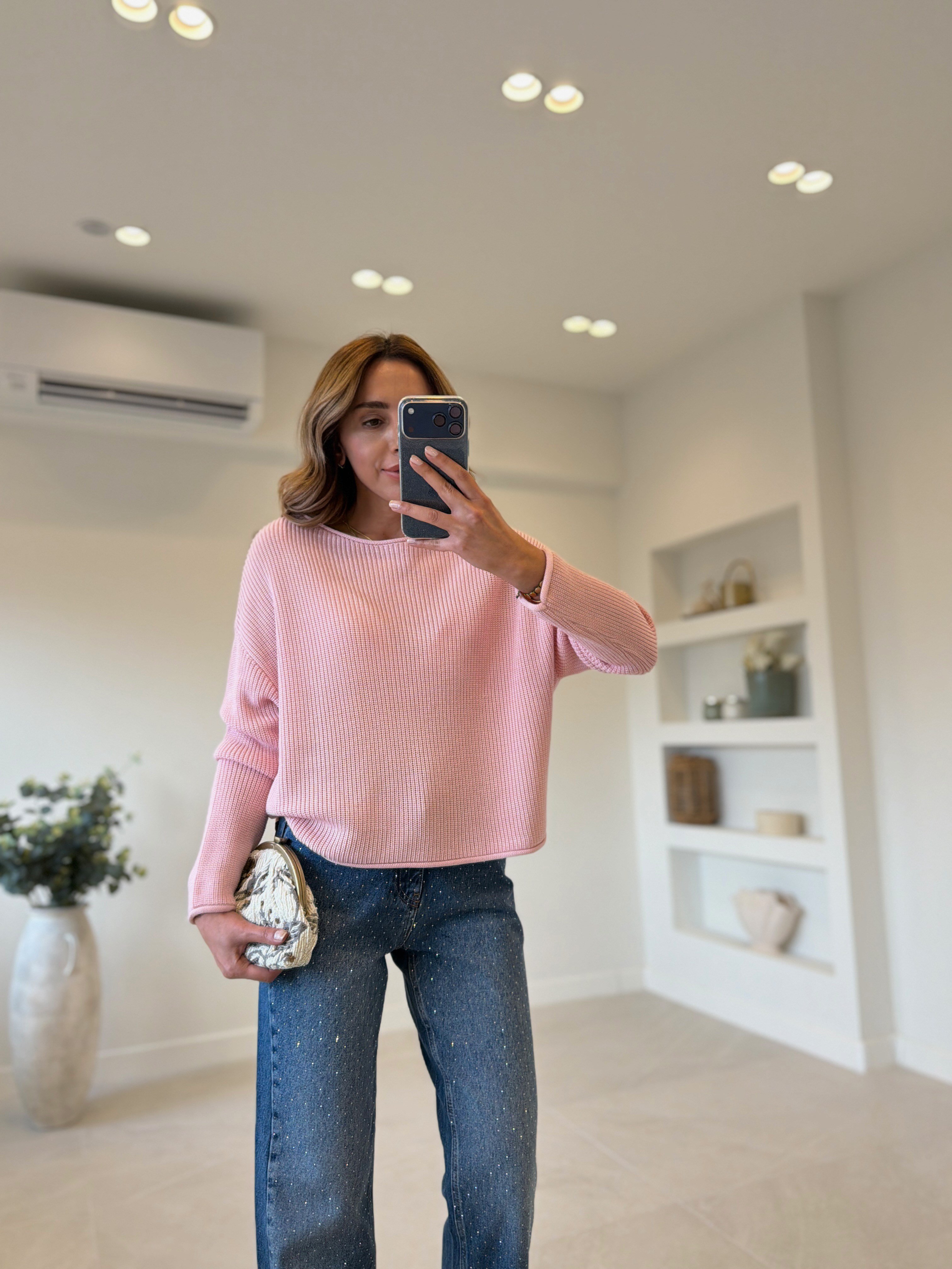 Dilvin 10804 Pembe Kayık Yaka Basic Triko Kazak