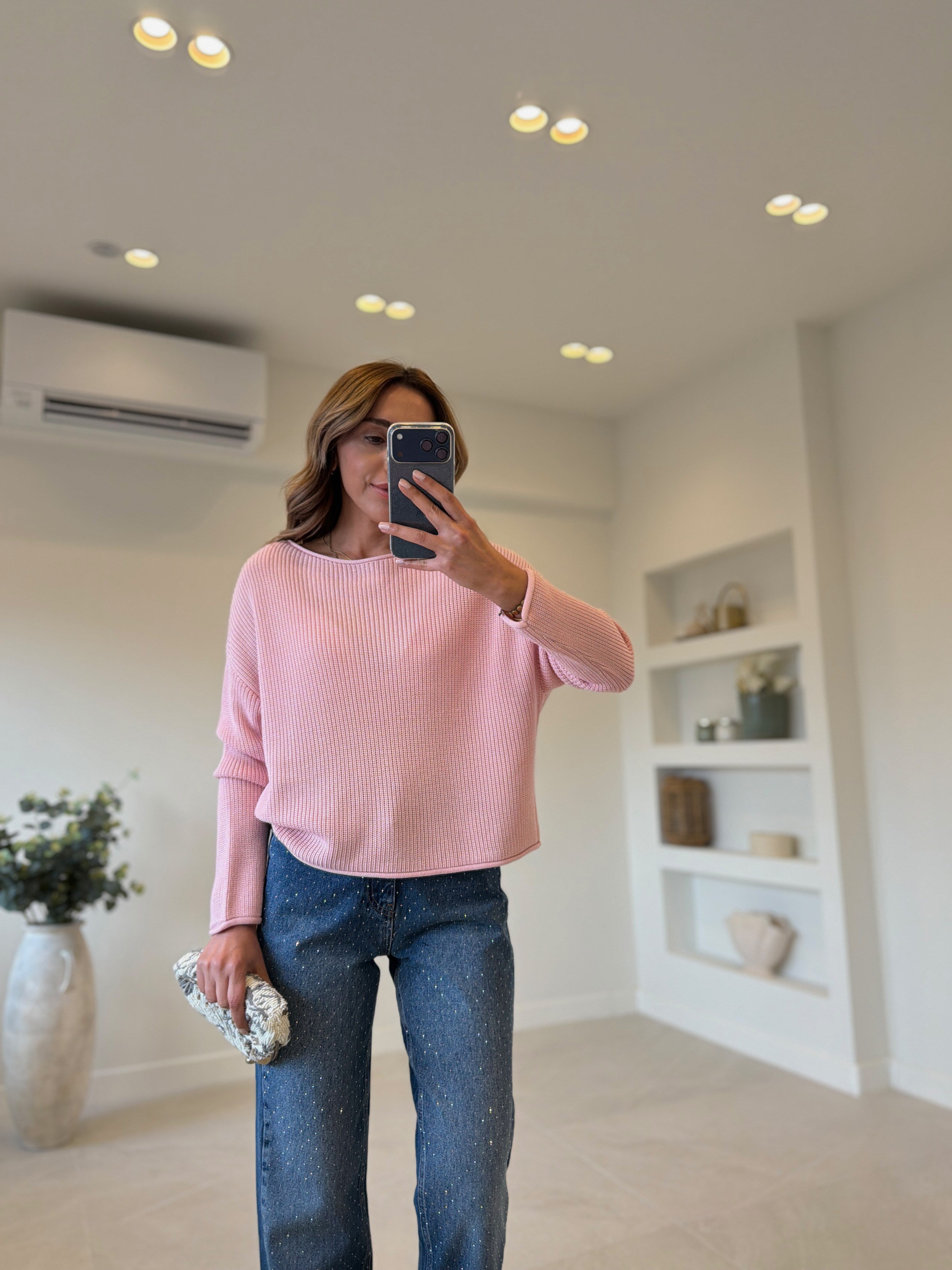 Dilvin 10804 Pembe Kayık Yaka Basic Triko Kazak