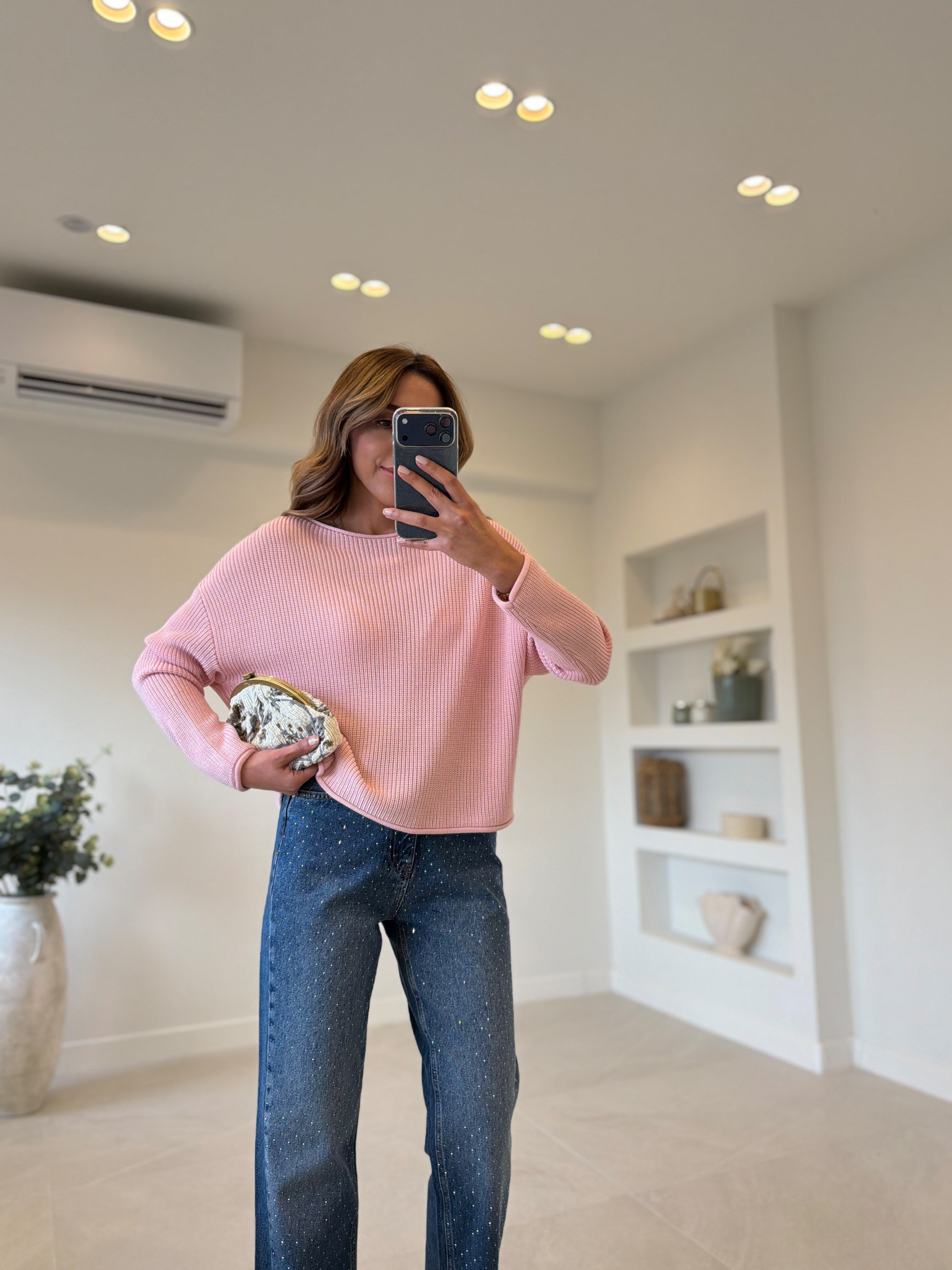 Dilvin 10804 Pembe Kayık Yaka Basic Triko Kazak