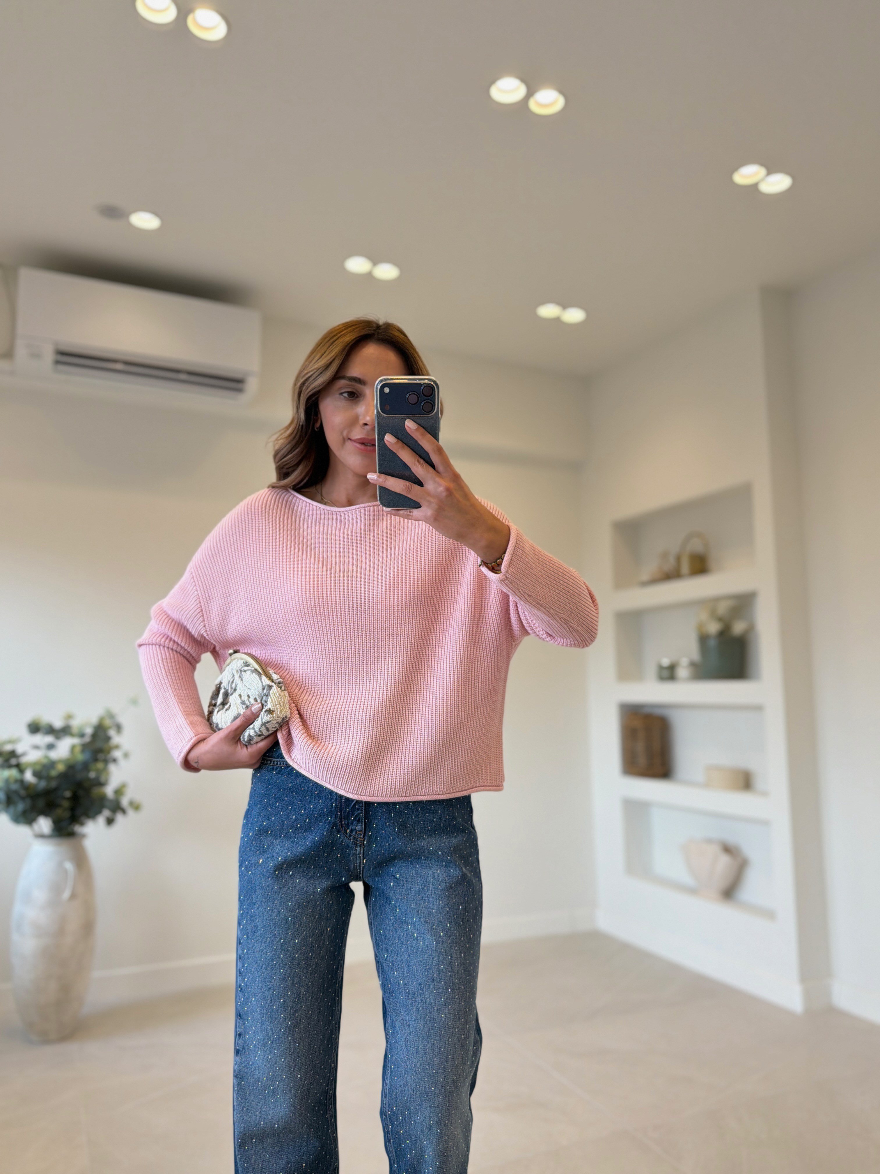 Dilvin 10804 Pembe Kayık Yaka Basic Triko Kazak