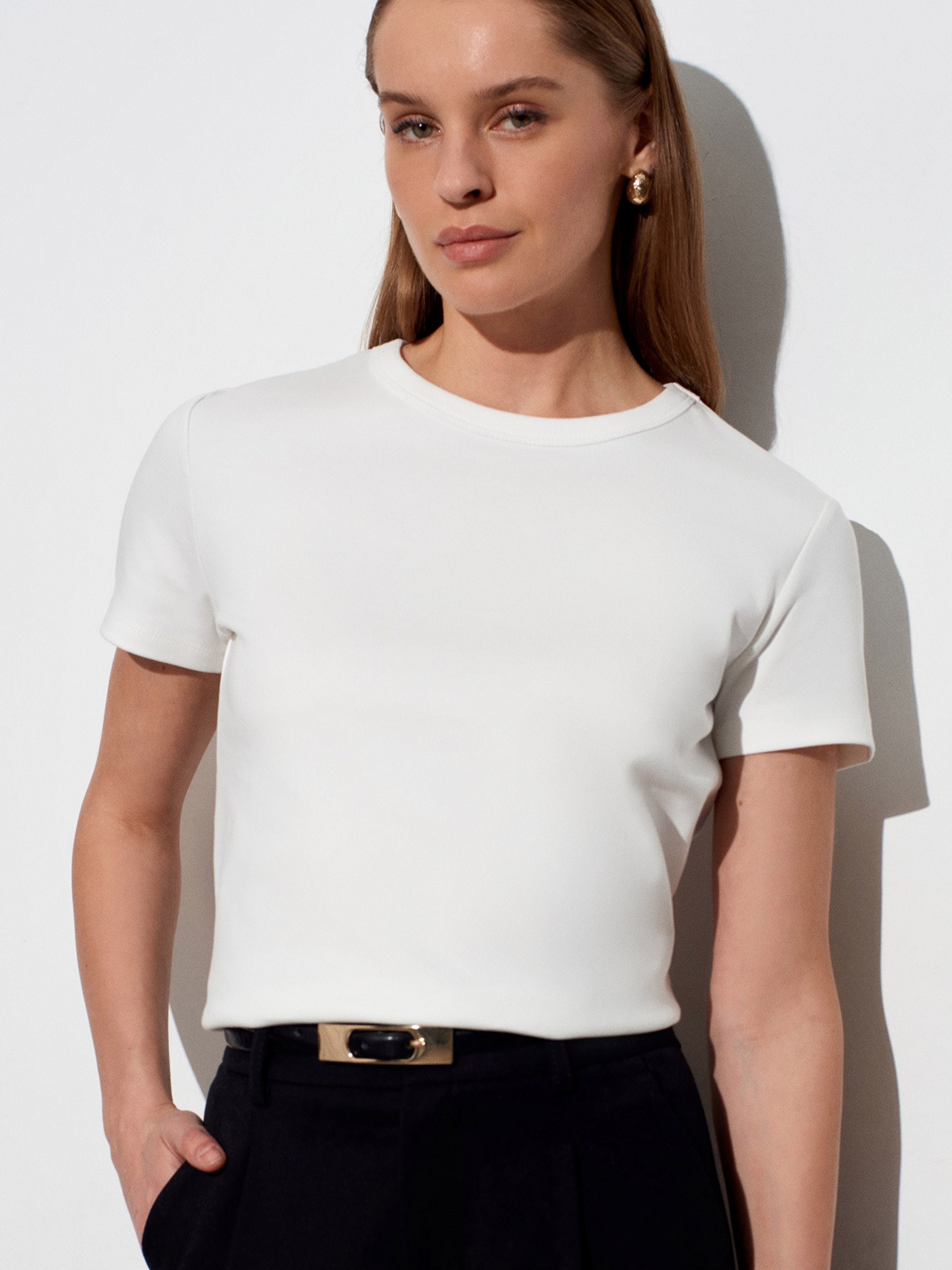 Dilvin 32779 Bisiklet Yaka T-shirt-Ekru