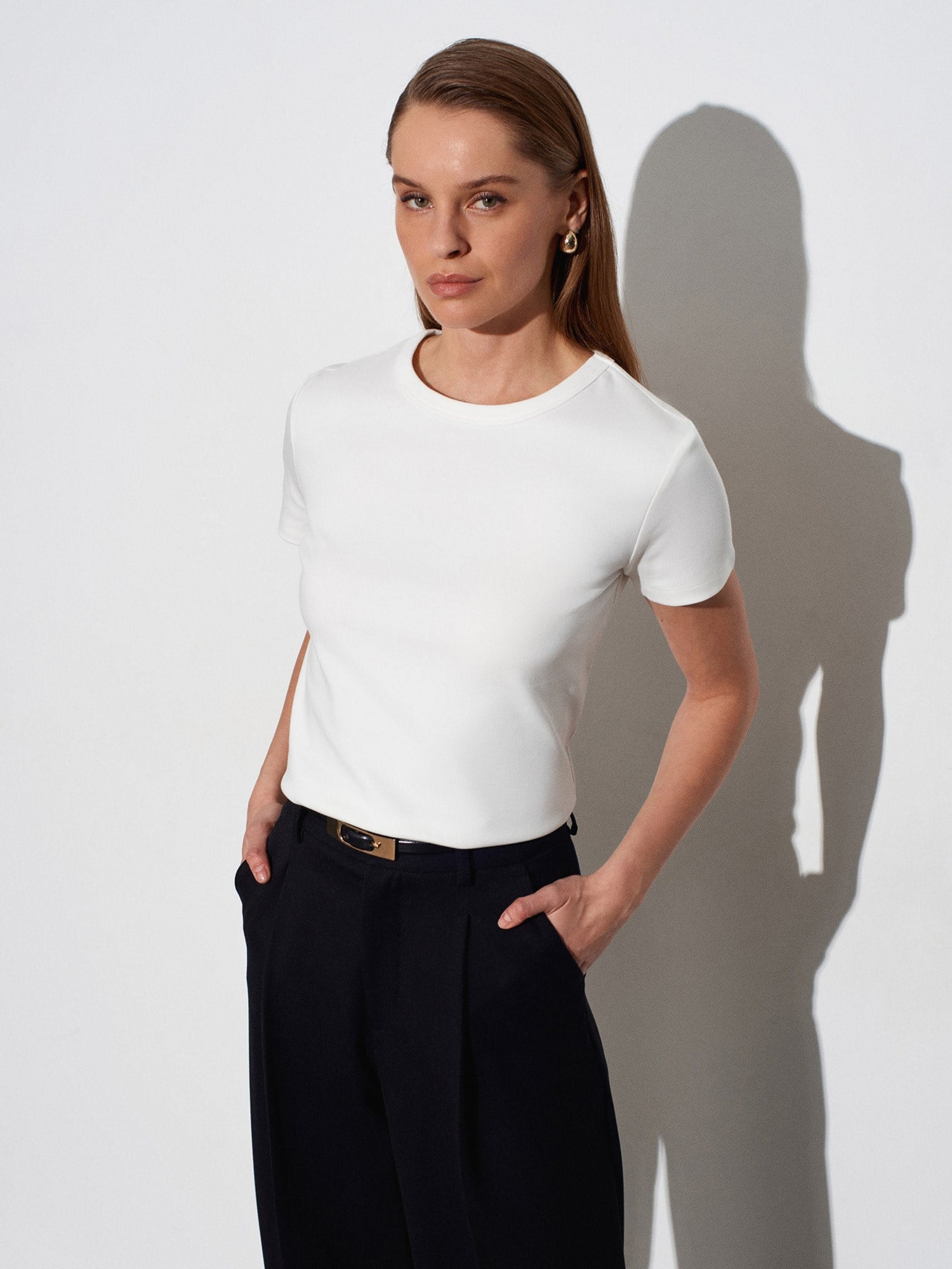 Dilvin 32779 Bisiklet Yaka T-shirt-Ekru
